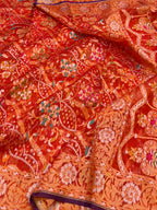 Prebook | Orangish Red Pure Banarasi Ektara Kora Jamdani Saree