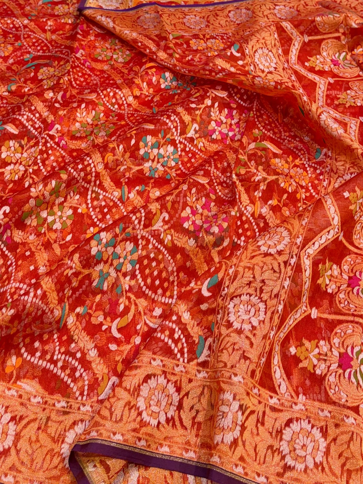 Prebook | Orangish Red Pure Banarasi Ektara Kora Jamdani Saree