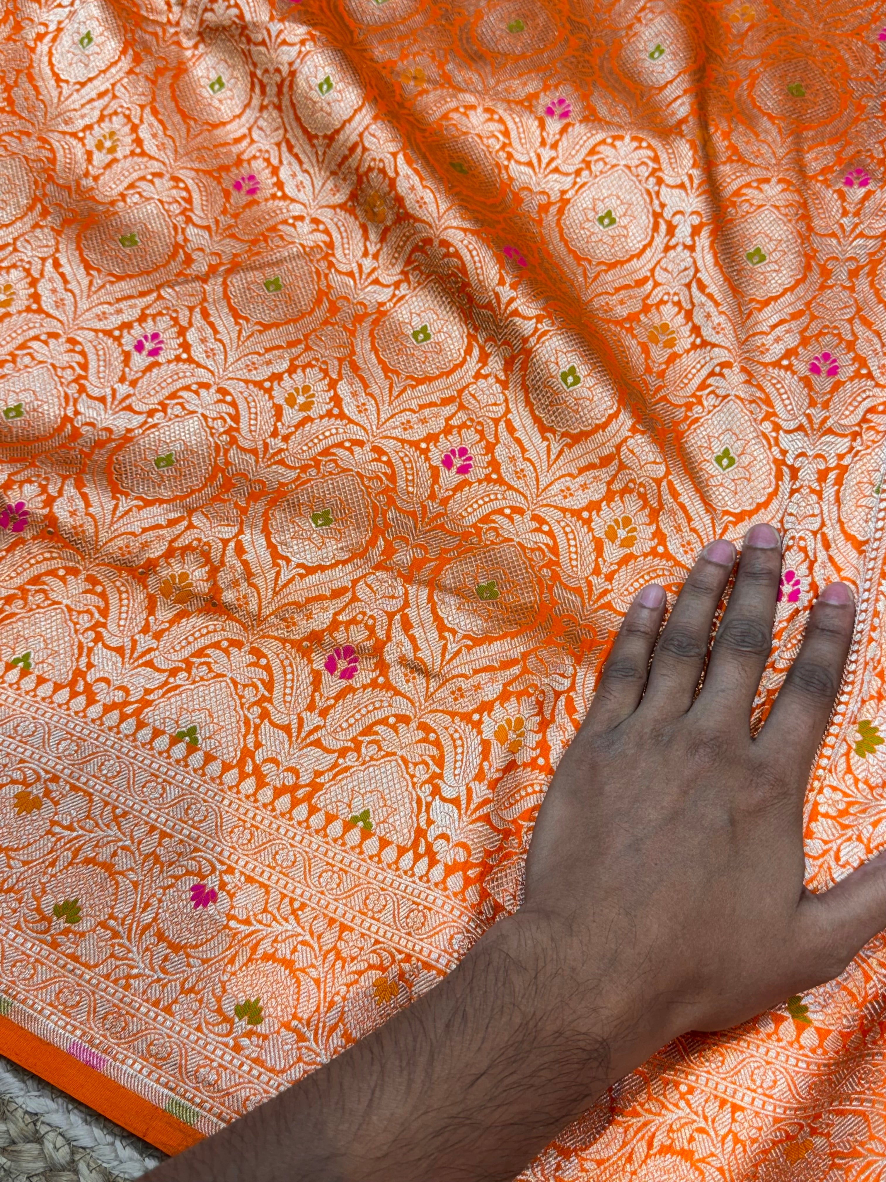 Prebook | Fanta Orange 100% Pure Banarasi Katan Silk Meenakari Brocade Saree