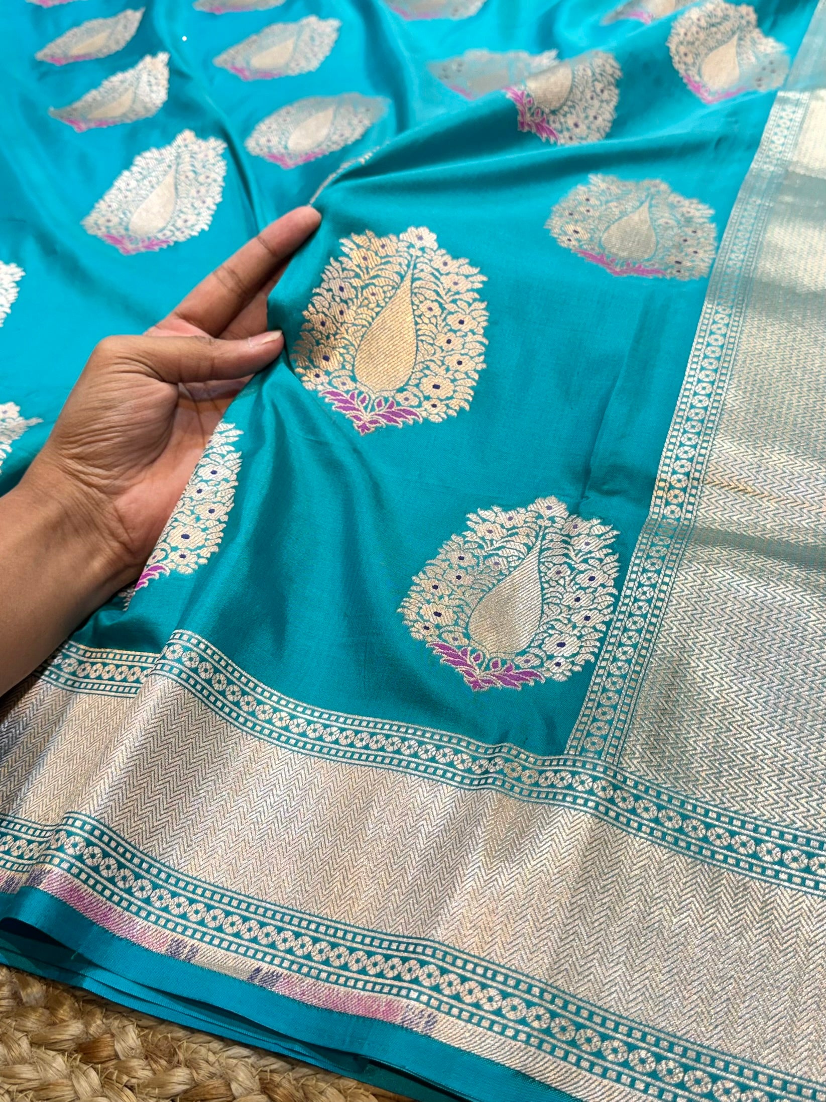 Sea Green 100% Pure Banarasi Katan Silk Meenakari Saree