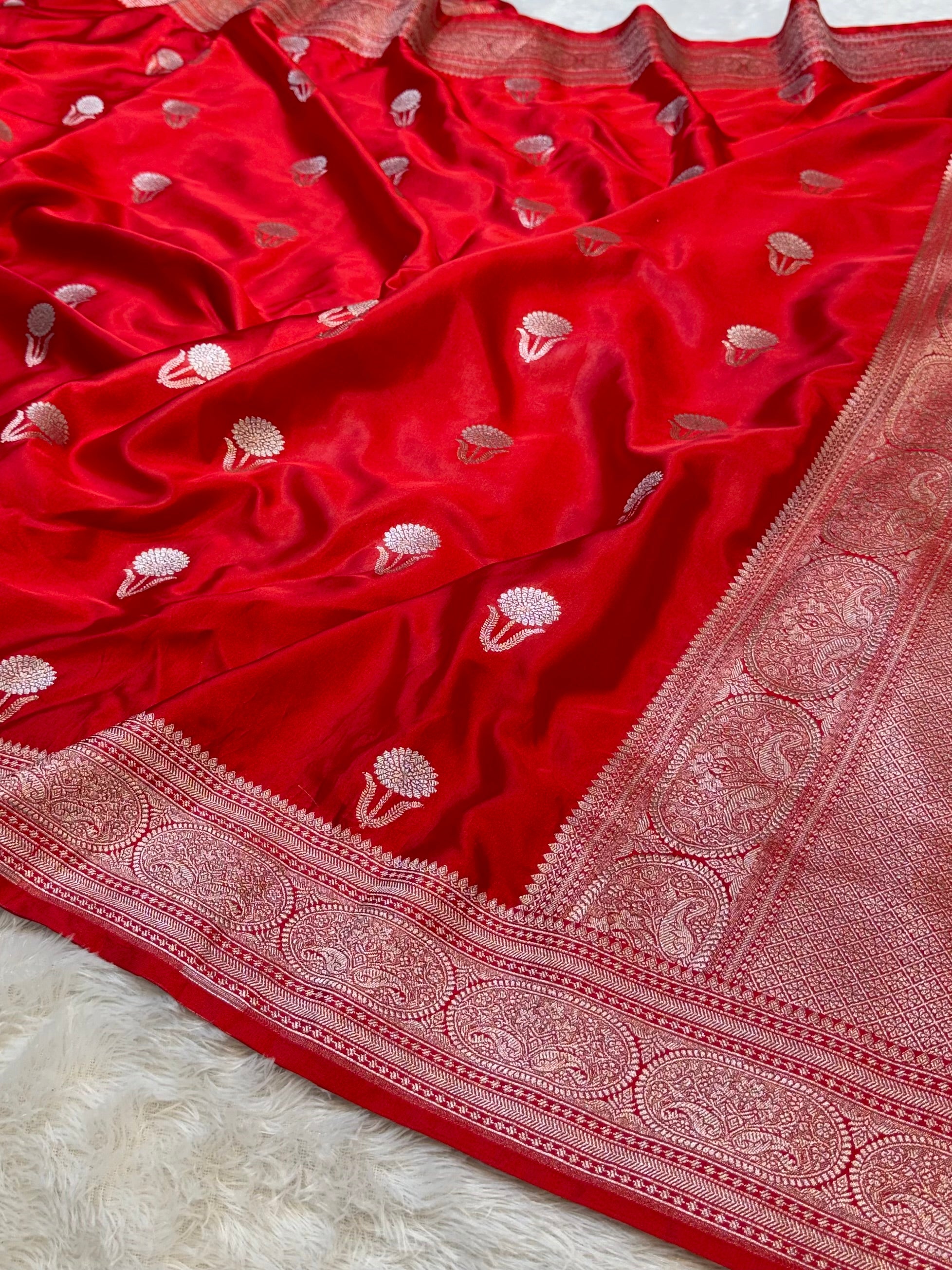 Red Banarasi Soft Meenakari Mashru Silk Partywear Saree