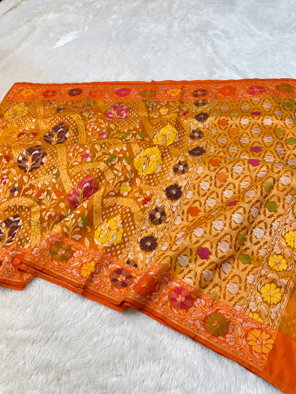 Rust Orange 100% Pure Ektara Banarasi Kora Jamdani Saree