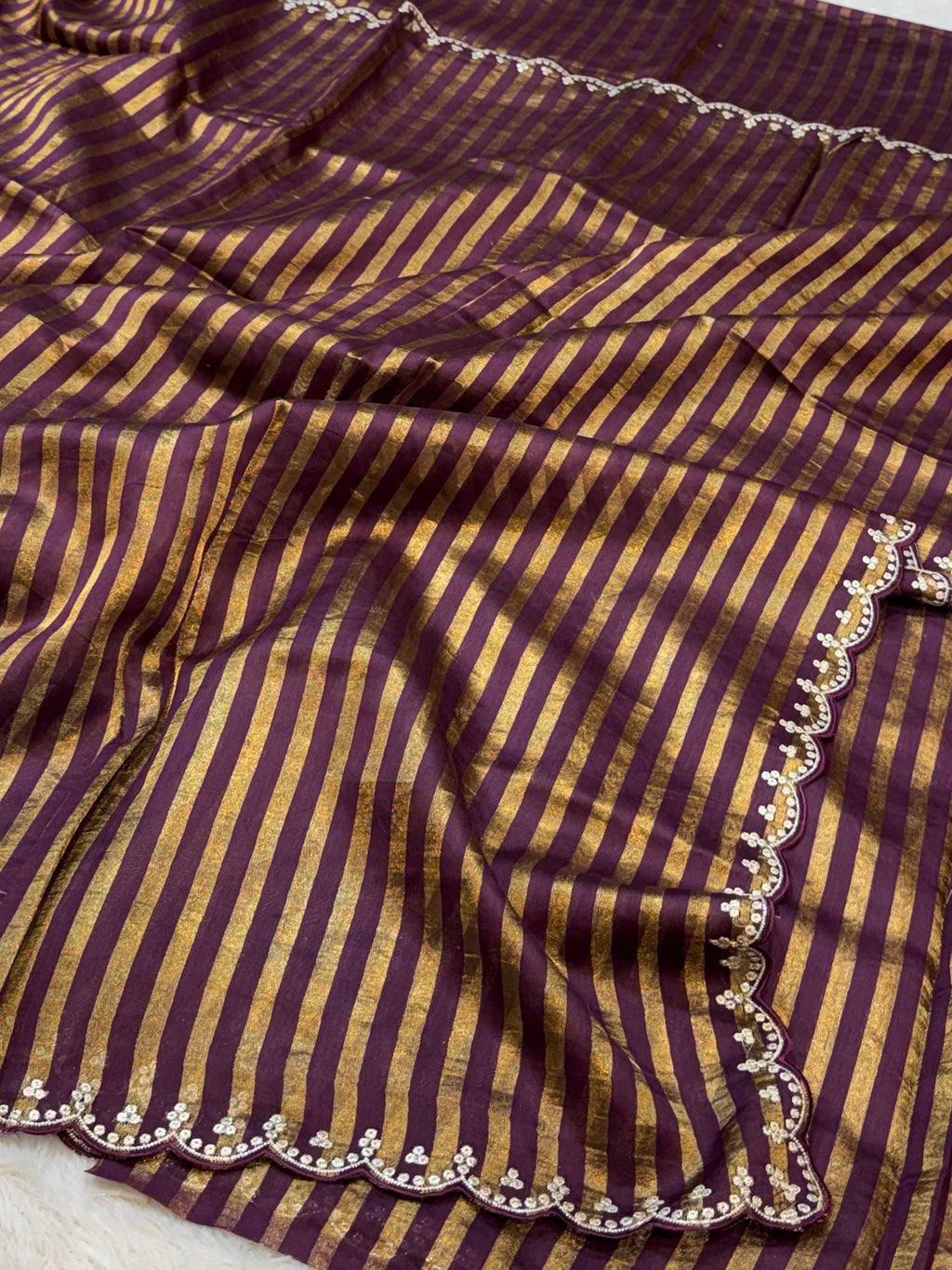 Wine 100% Pure Handloom Mul Cotton Stripes Tissue Silk Partywear Banarasi Embroidery Lightweight Sarees