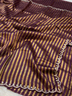Wine 100% Pure Handloom Mul Cotton Stripes Tissue Silk Partywear Banarasi Embroidery Lightweight Sarees