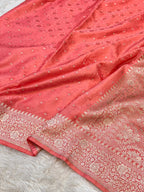 Peach Banarasi Soft Meenakari Mashru Silk Partywear Saree