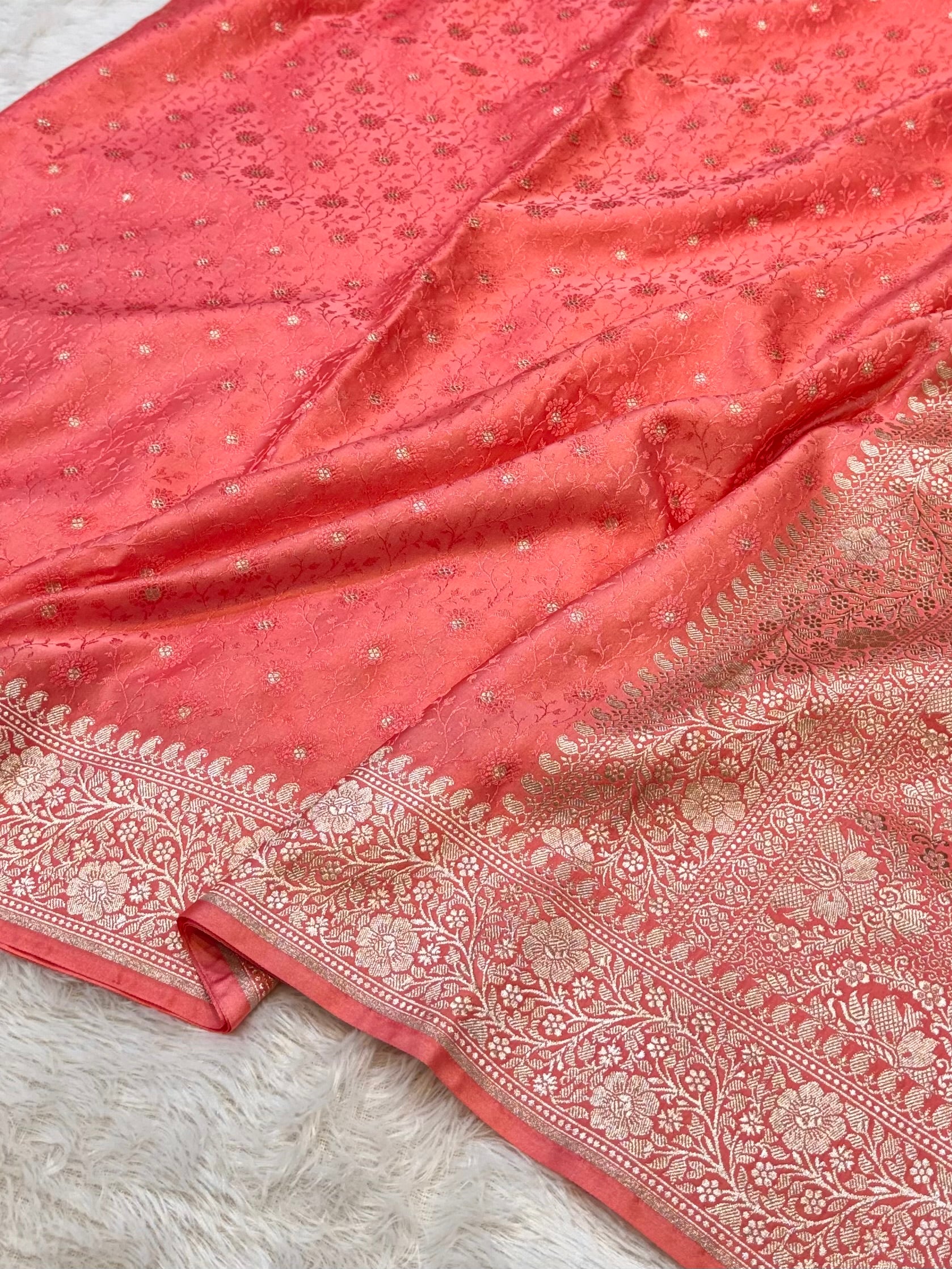 Peach Banarasi Soft Meenakari Mashru Silk Partywear Saree