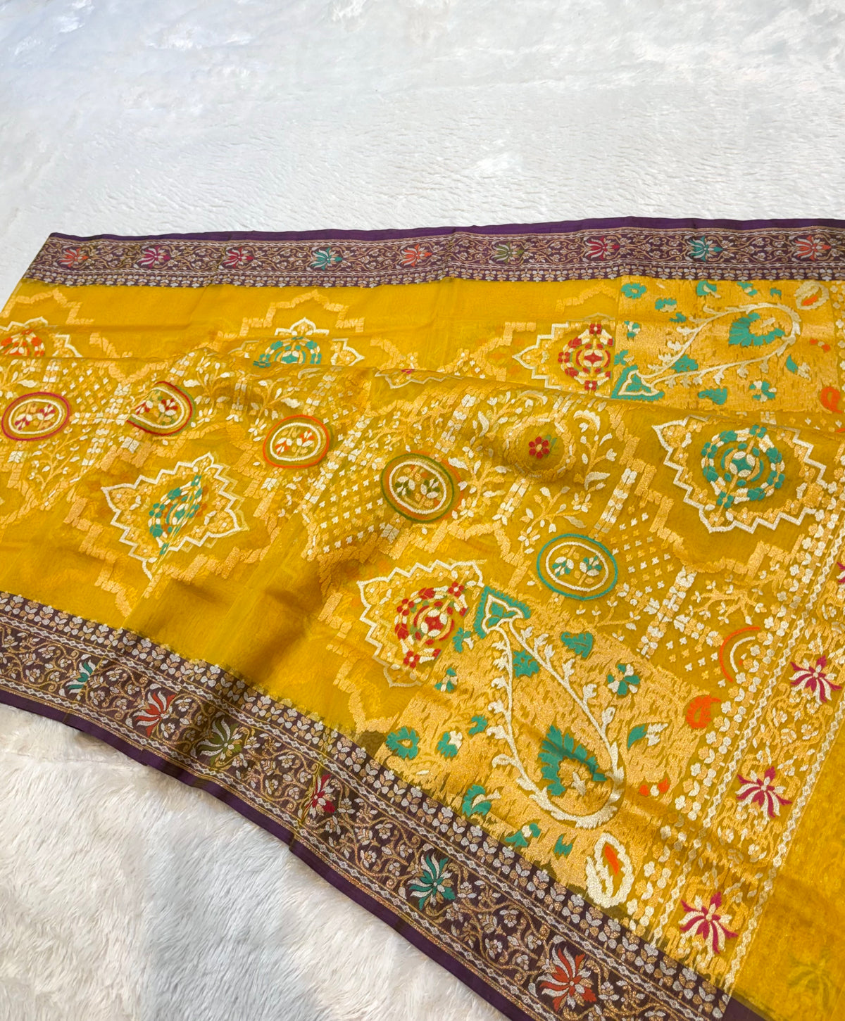 Sunflower Yellow Pure Banarasi Ektara Kora Jamdani Saree