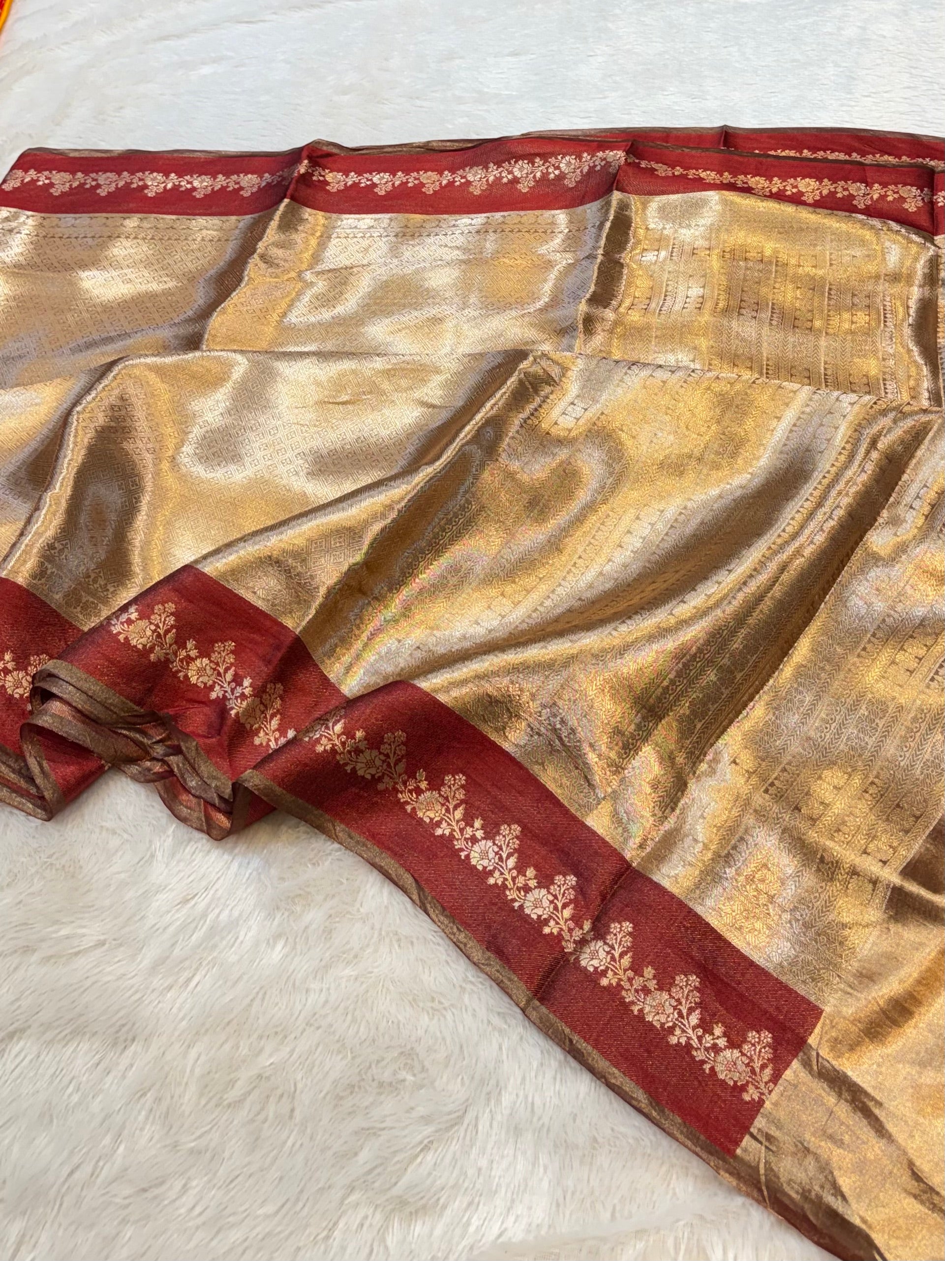 Maroon 100% Pure Banarasi Molten Tissue Silk Brocade Saree