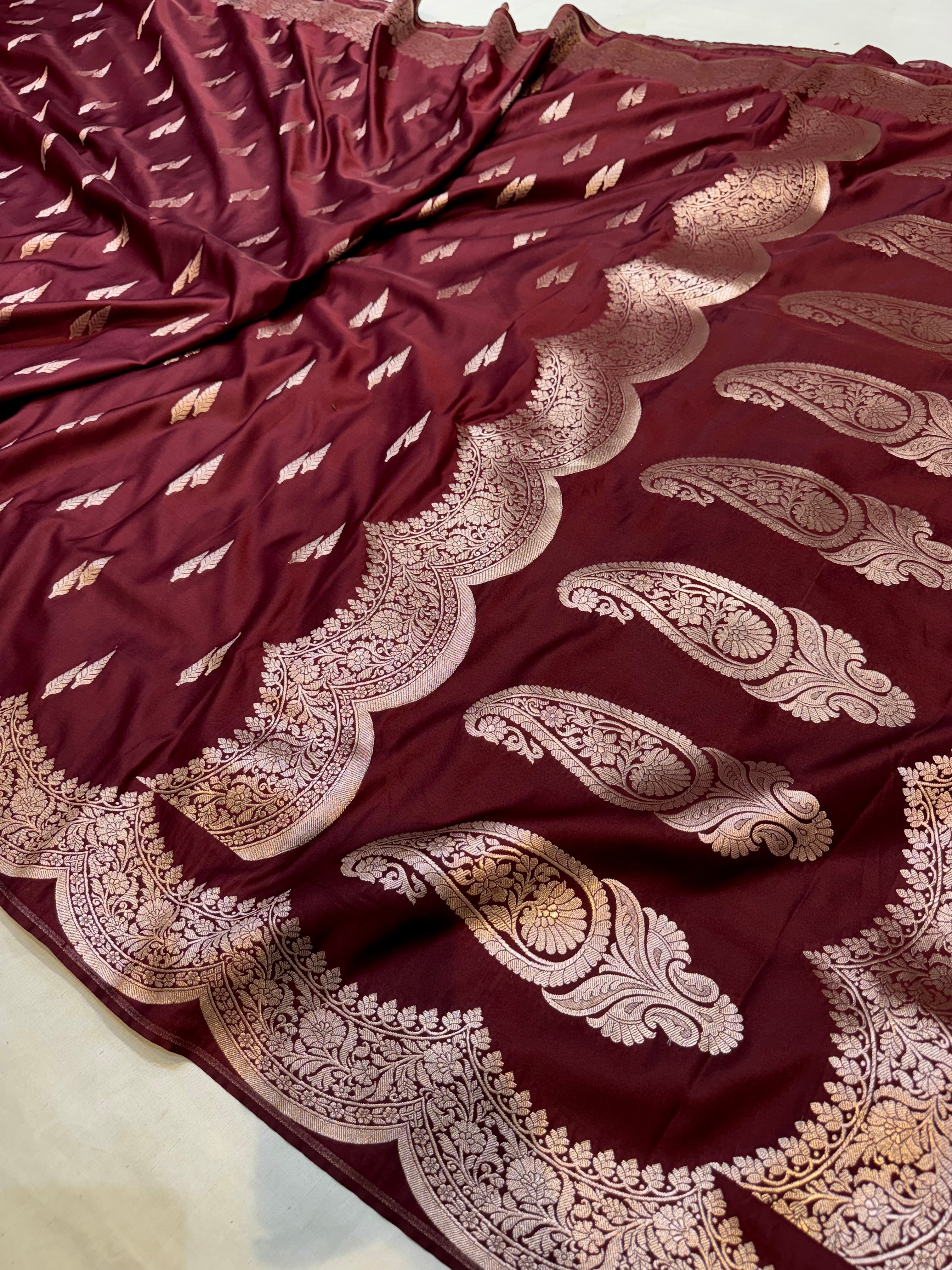 Maroon Banarasi Soft Meenakari Mashru Silk Partywear Saree