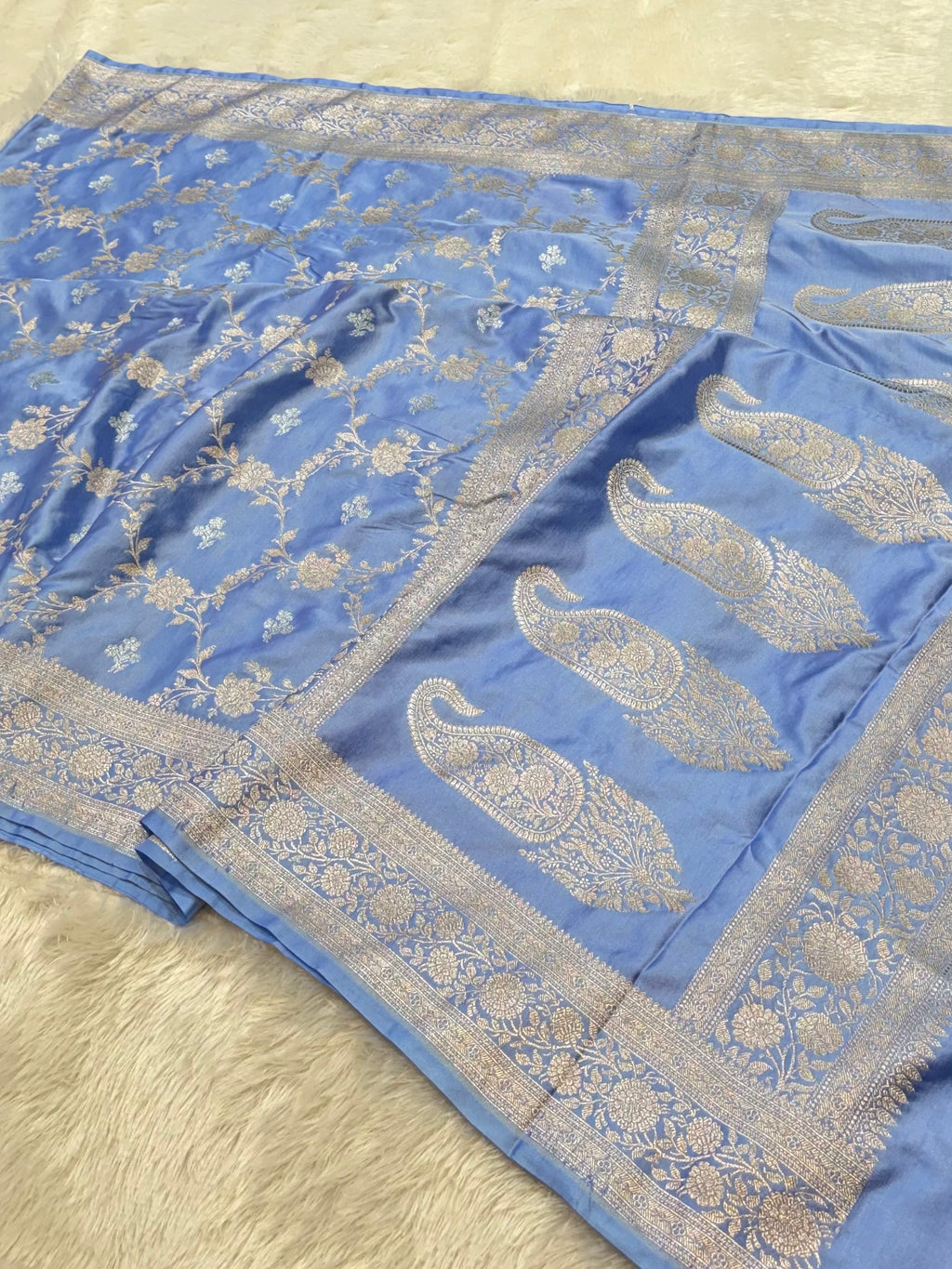 Powder Blue Banarasi Soft Meenakari Mashru Silk Partywear Saree