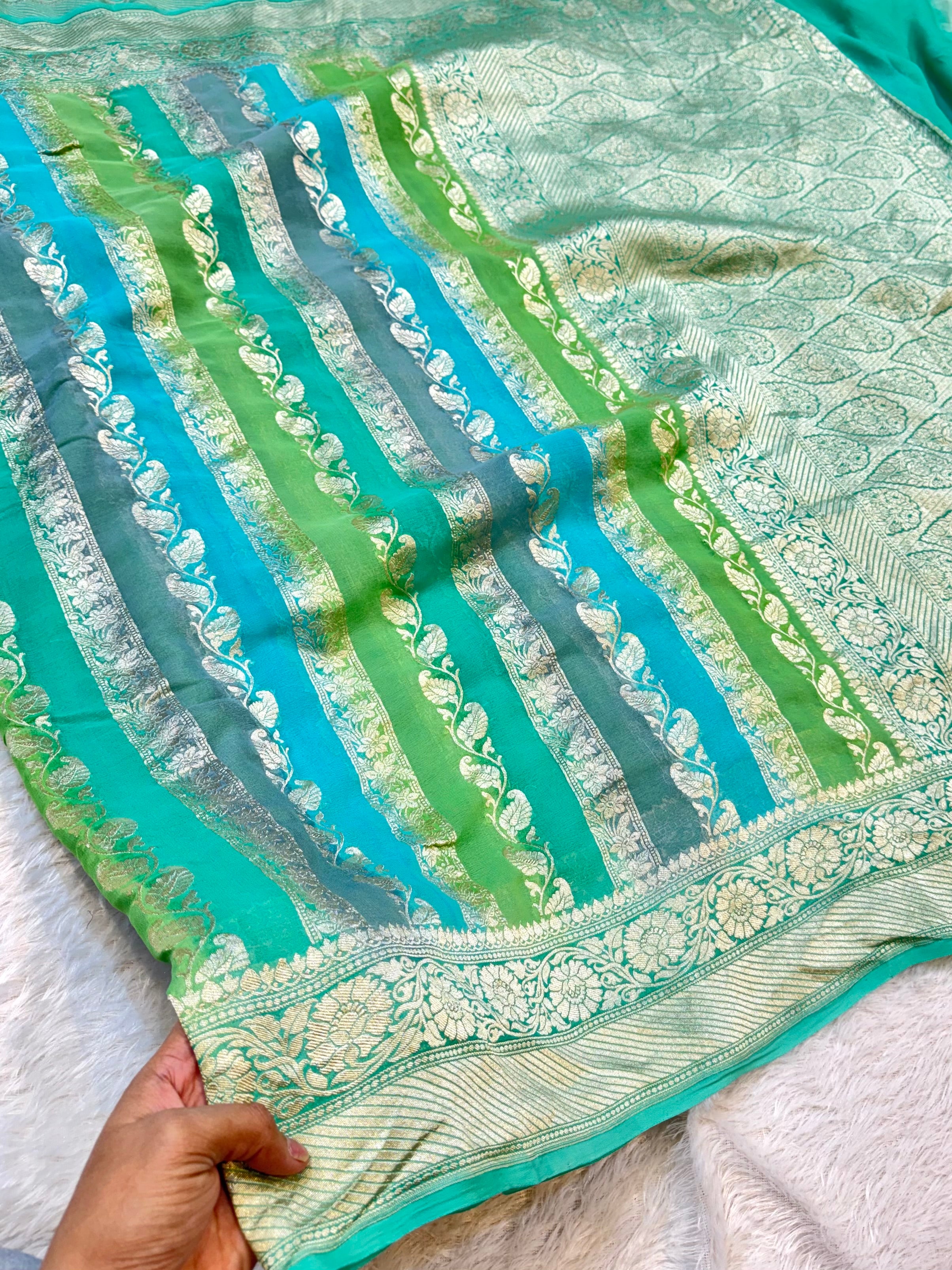 Sea Green 100% Pure Banarasi Khaddi Georgette RANGKAAT Saree