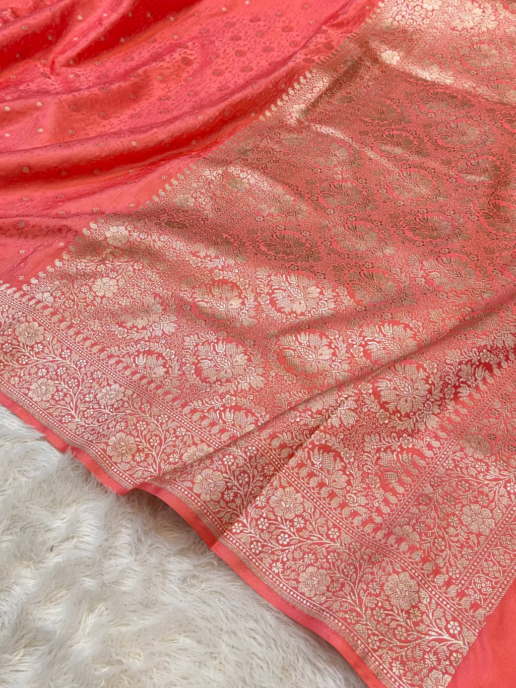 Peach Banarasi Soft Meenakari Mashru Silk Partywear Saree