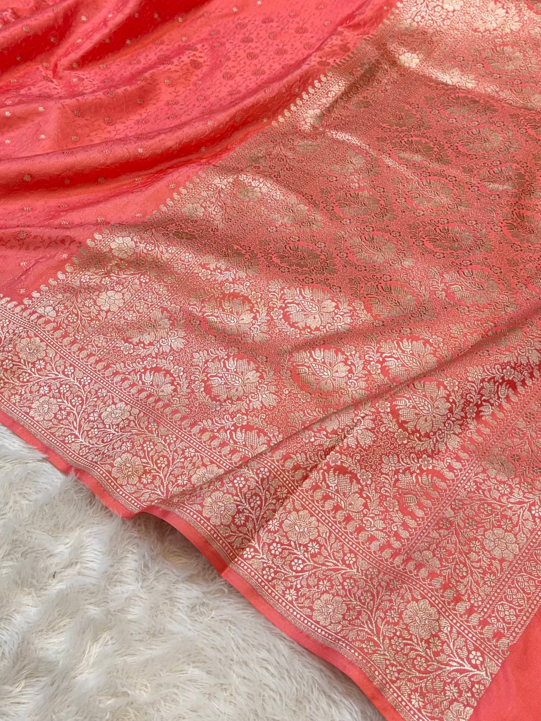 Peach Banarasi Soft Meenakari Mashru Silk Partywear Saree