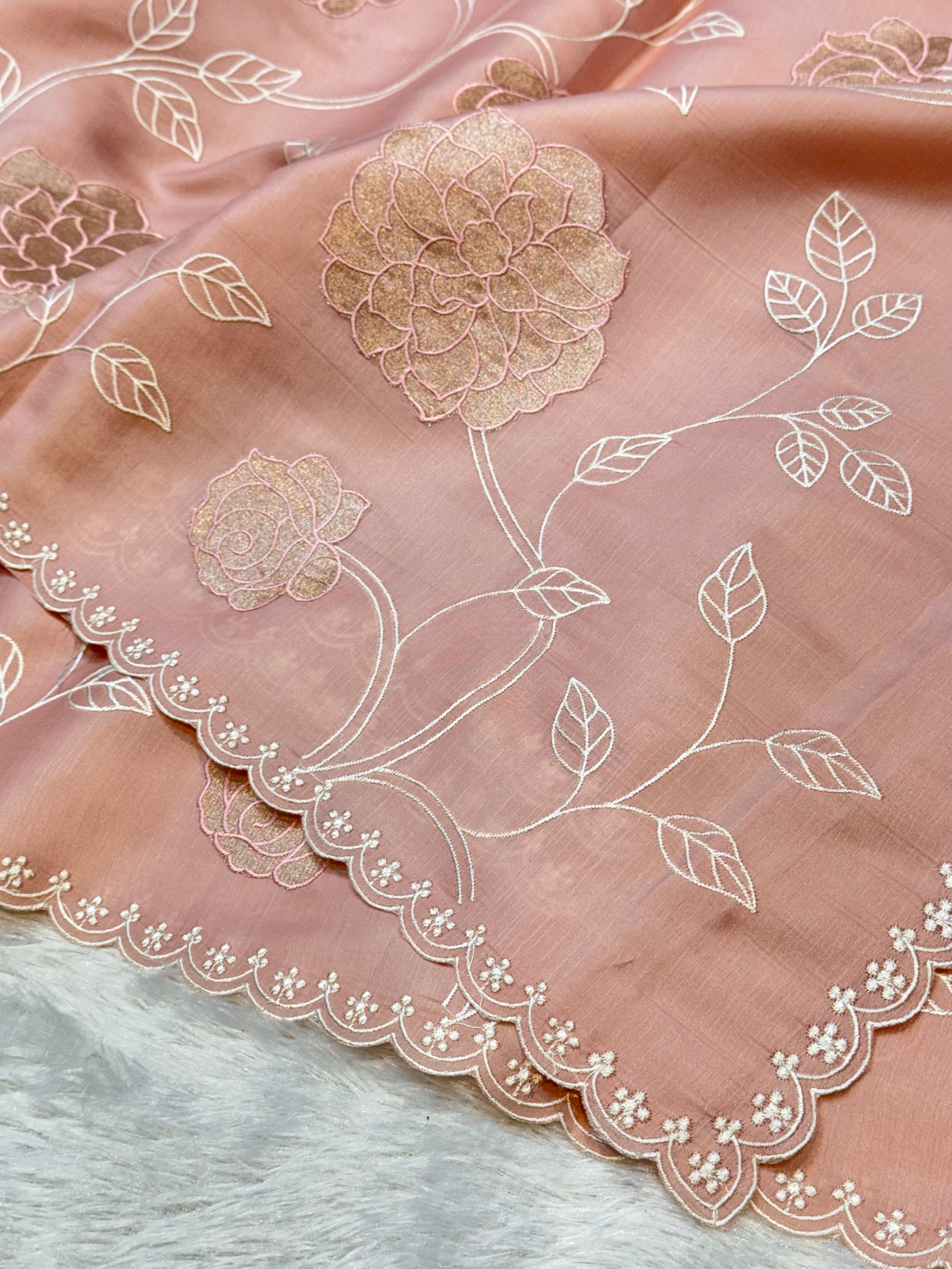 Peach Mango Silk Partywear Banarasi Embroidered Jaal with Tissue Applique Lightweight Sarees