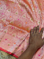 Peach 100% Pure Handloom Banarasi Katan Silk Meenakari Brocade Saree