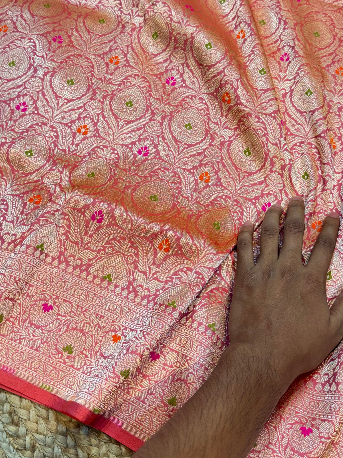 Peach 100% Pure Handloom Banarasi Katan Silk Meenakari Brocade Saree