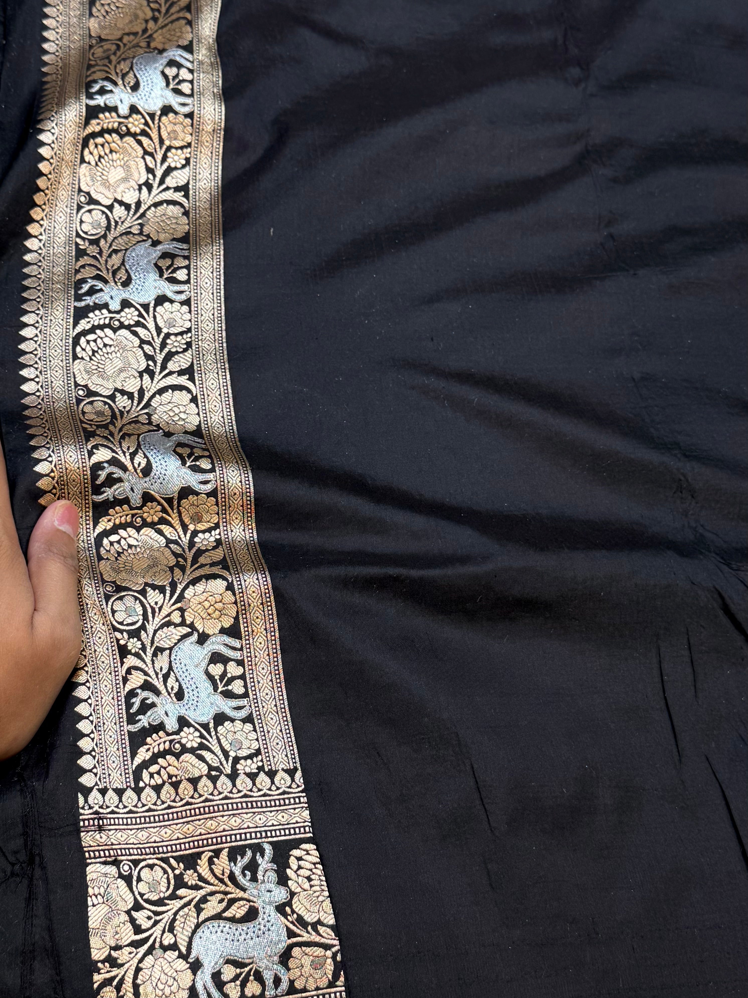 Jet Black 100% Pure Banarasi Katan Silk Meenakari Saree