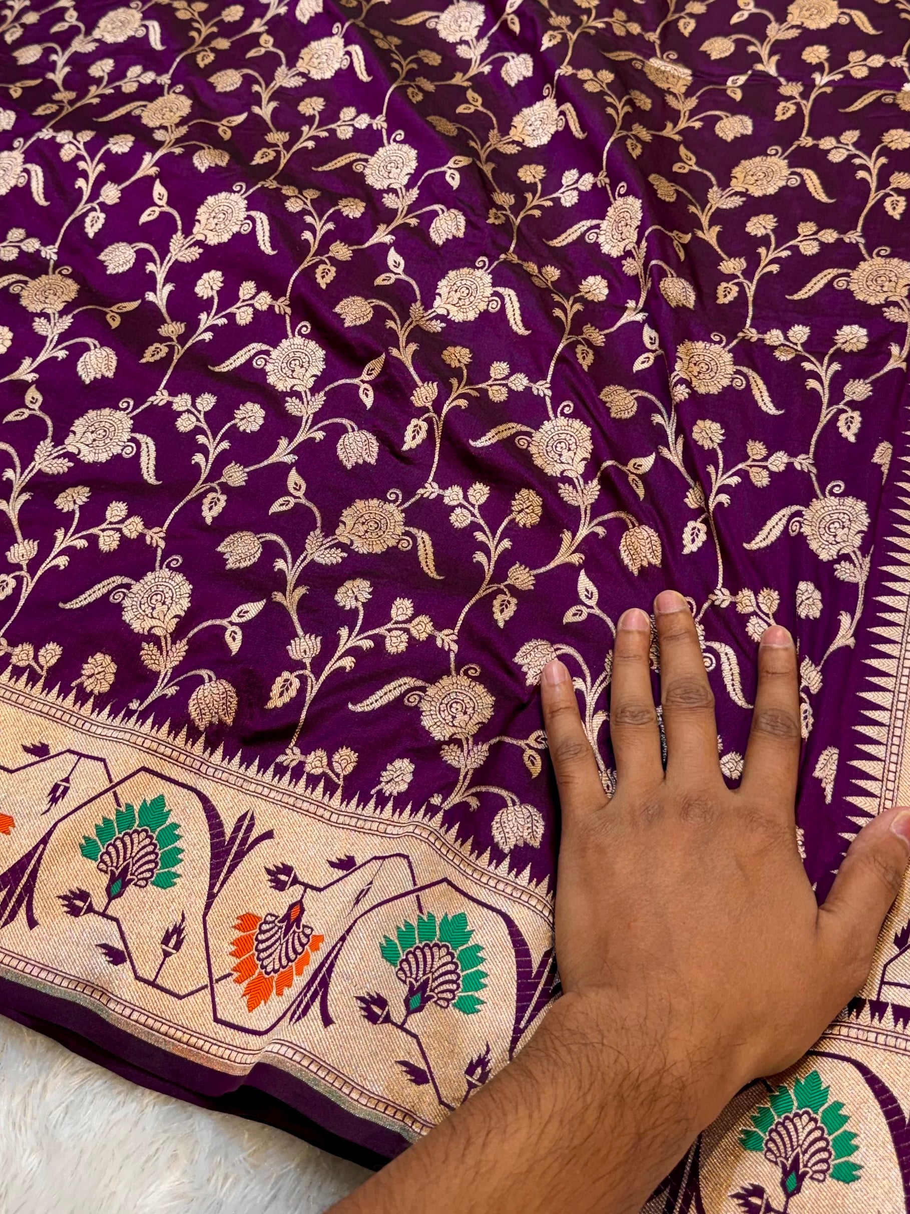 Wine Purple 100% Pure Banarasi Katan Silk Meenakari Paithani Saree