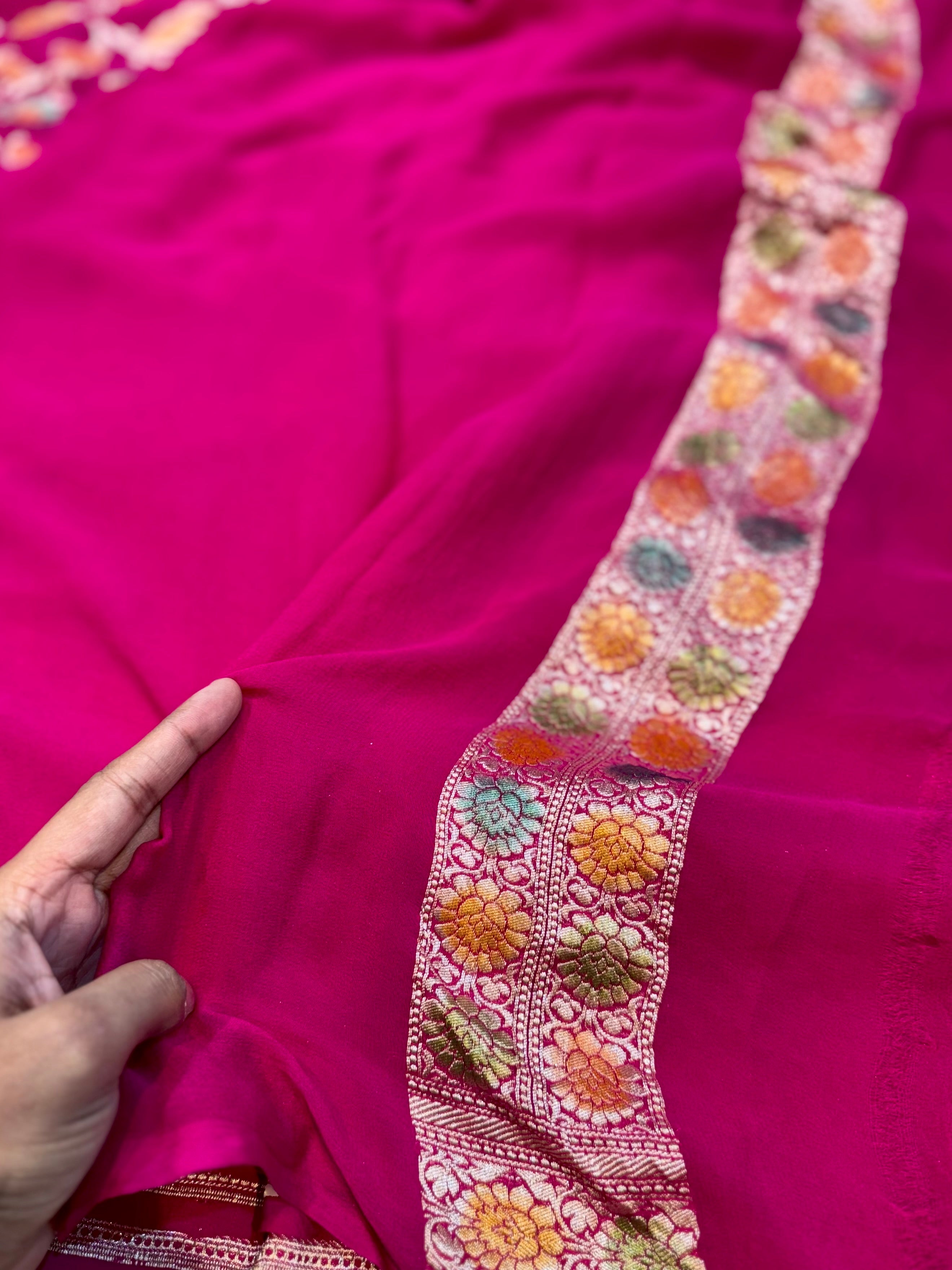 Rani Pink 100% Pure Banarasi Khaddi Georgette Meenakari Saree
