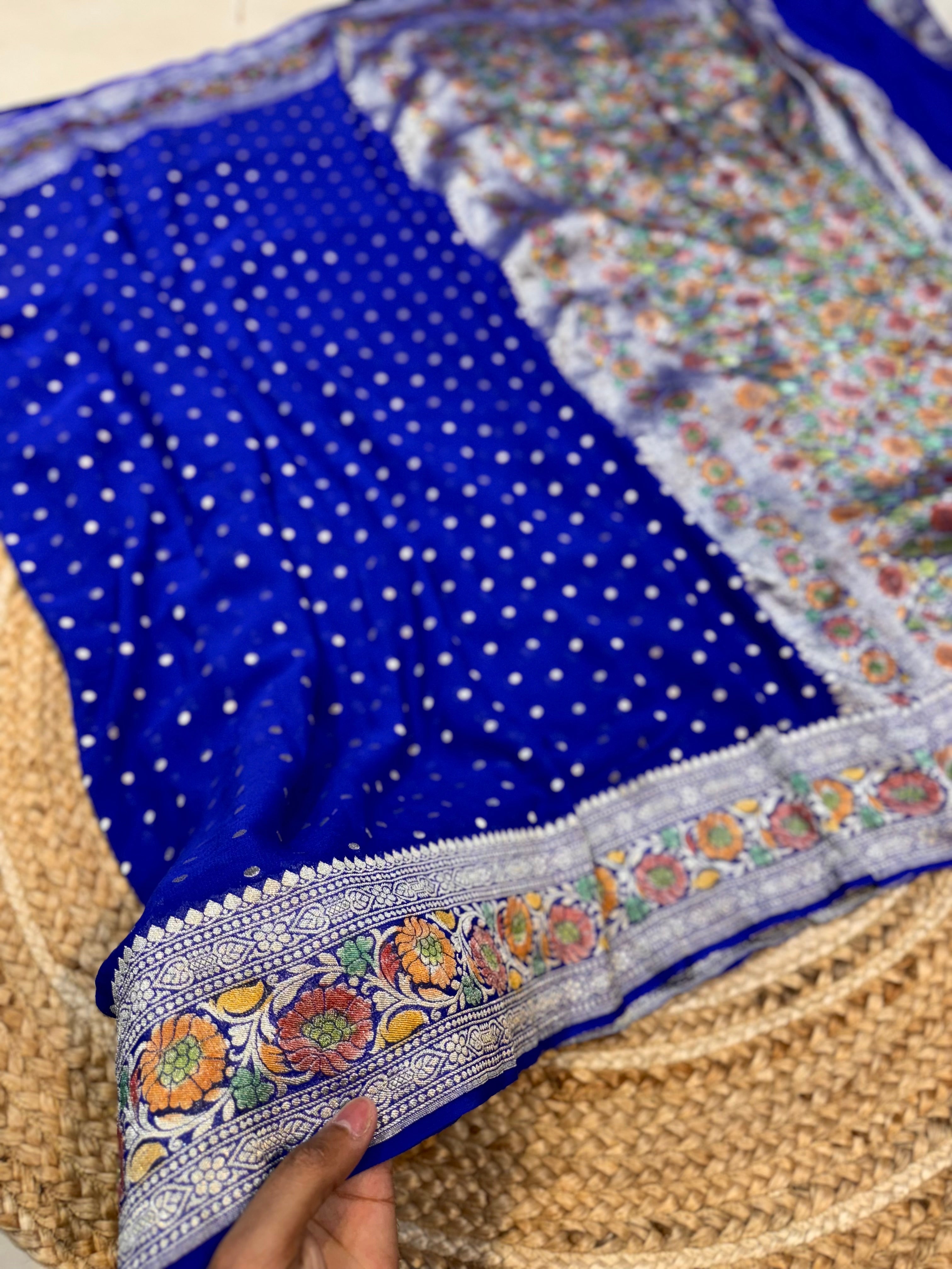 Royal Blue 100% Pure Banarasi Khaddi Georgette Meenakari Saree