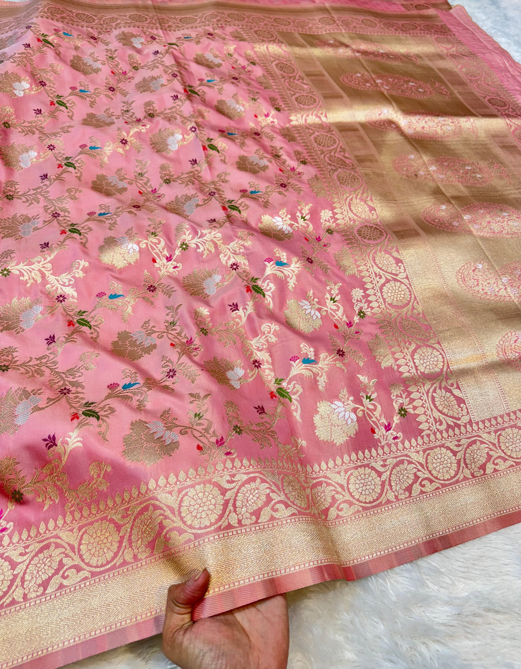 Baby Pink Banarasi SemiKatan Silk Partywear Saree