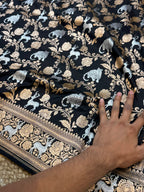 Jet Black 100% Pure Banarasi Katan Silk Meenakari Saree
