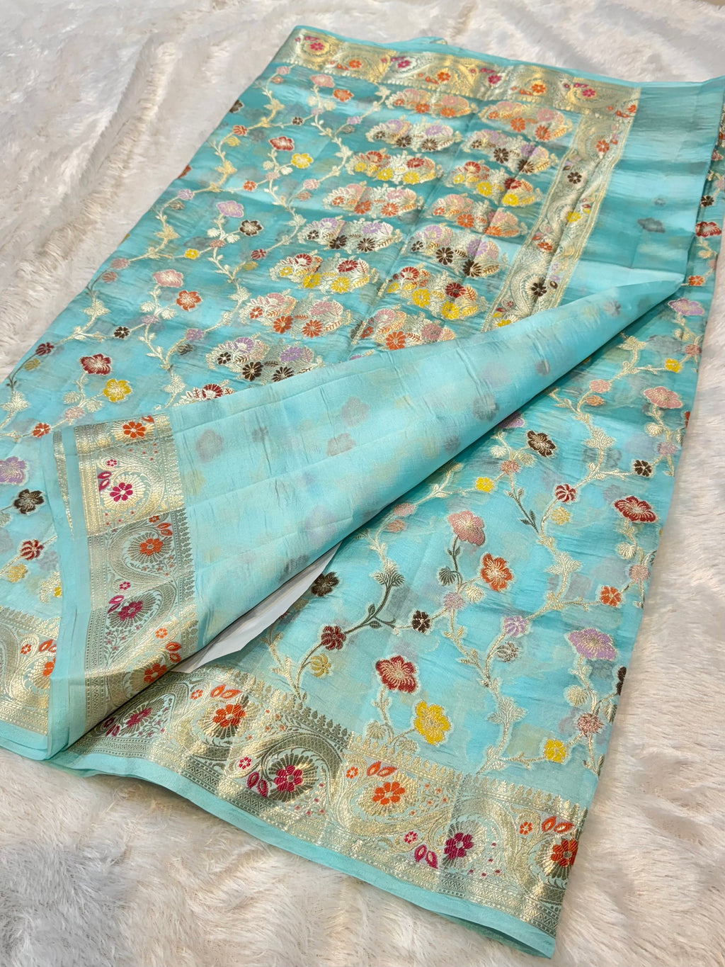 Sky Blue 100% Pure Banarasi Raw Mango Silk Saree