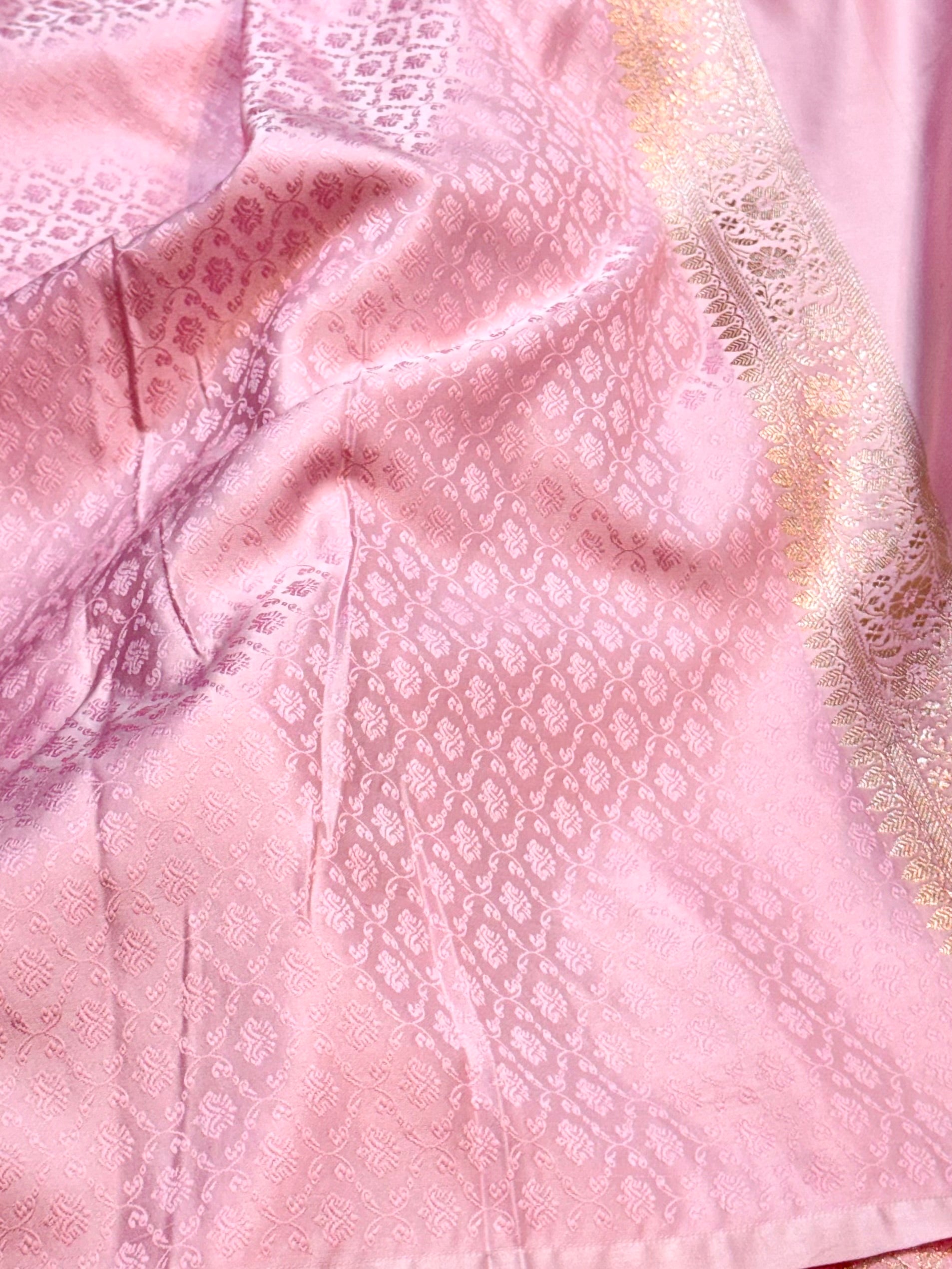 Baby Pink Banarasi Soft Mashru Silk Partywear Meenakari Saree