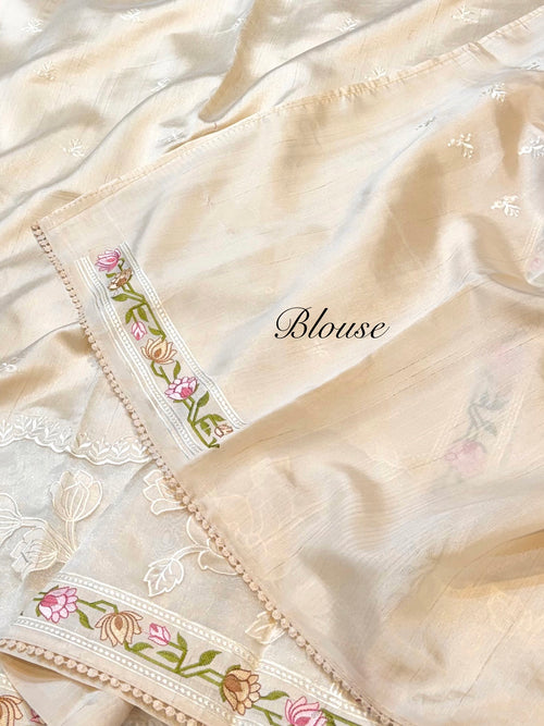 Beige Tussar Silk Partywear Banarasi Embroidery with Tissue Applique Lightweight Sarees