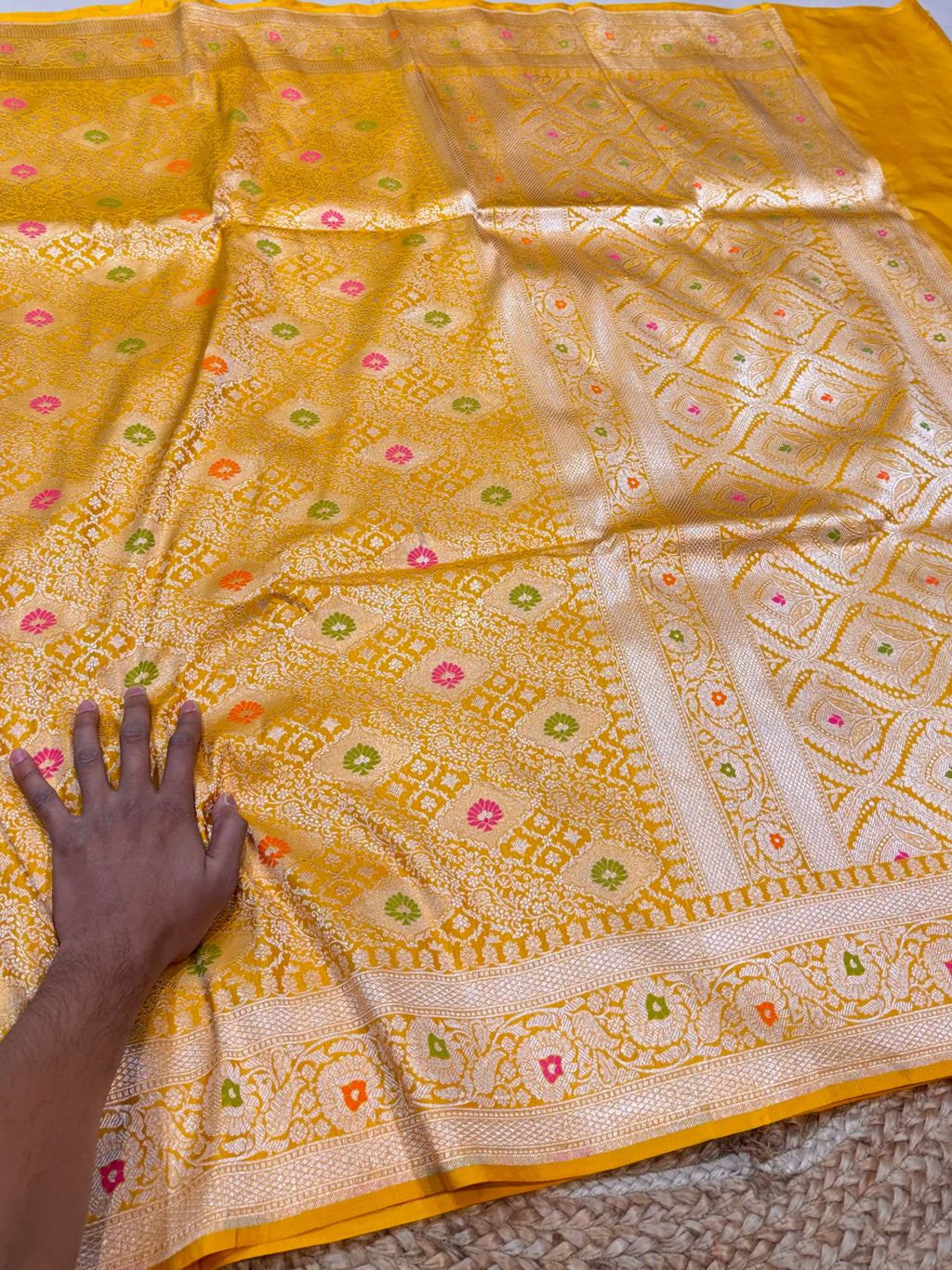 Yellow 100% Pure Banarasi Katan Silk Meenakari Brocade Saree