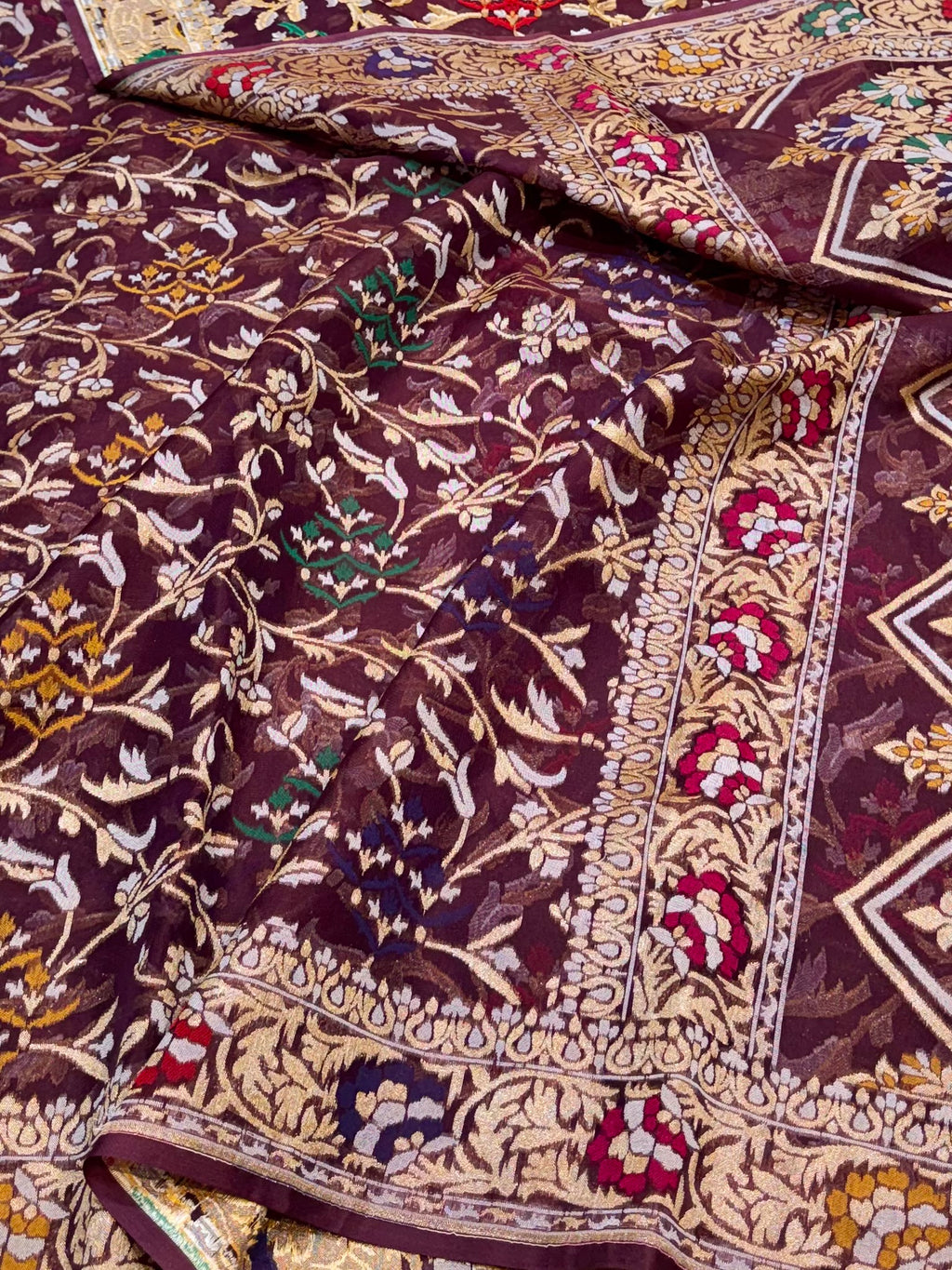 Wine Pure Banarasi Ektara Kora Jamdani Saree