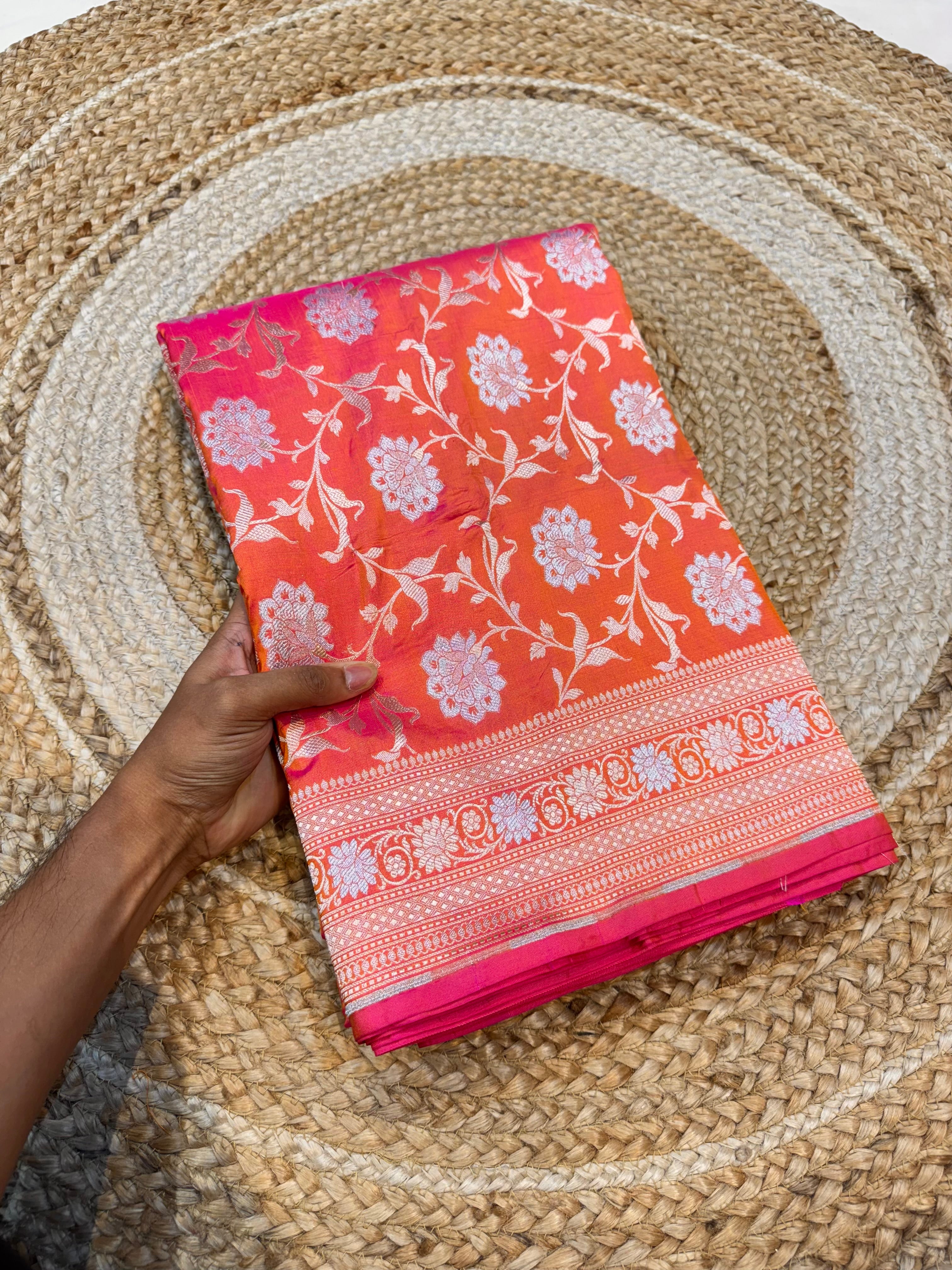 Dual shade Orange-Pink 100% Pure Banarasi Katan Silk Meenakari Saree