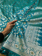 Teal Green Banarasi SemiKatan Silk Partywear Saree