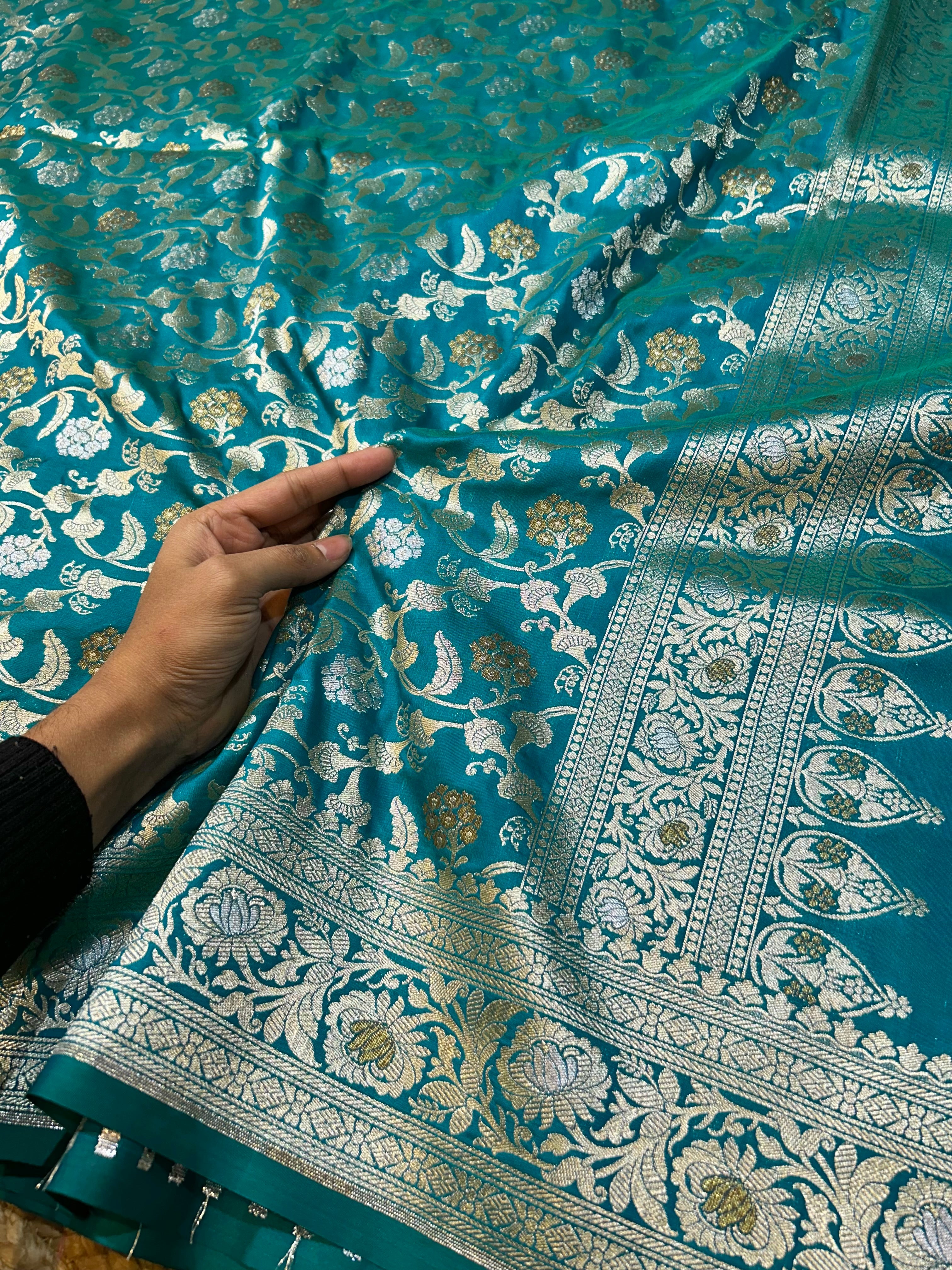 Teal Green Banarasi SemiKatan Silk Partywear Saree