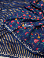 Dark Blue 100% Pure Handloom Mul Cotton Stripes Tissue Silk Partywear Banarasi Embroidery Lightweight Sarees