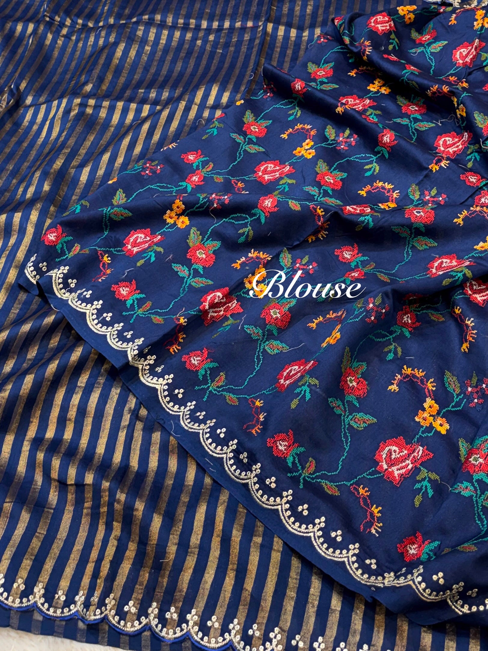 Dark Blue 100% Pure Handloom Mul Cotton Stripes Tissue Silk Partywear Banarasi Embroidery Lightweight Sarees