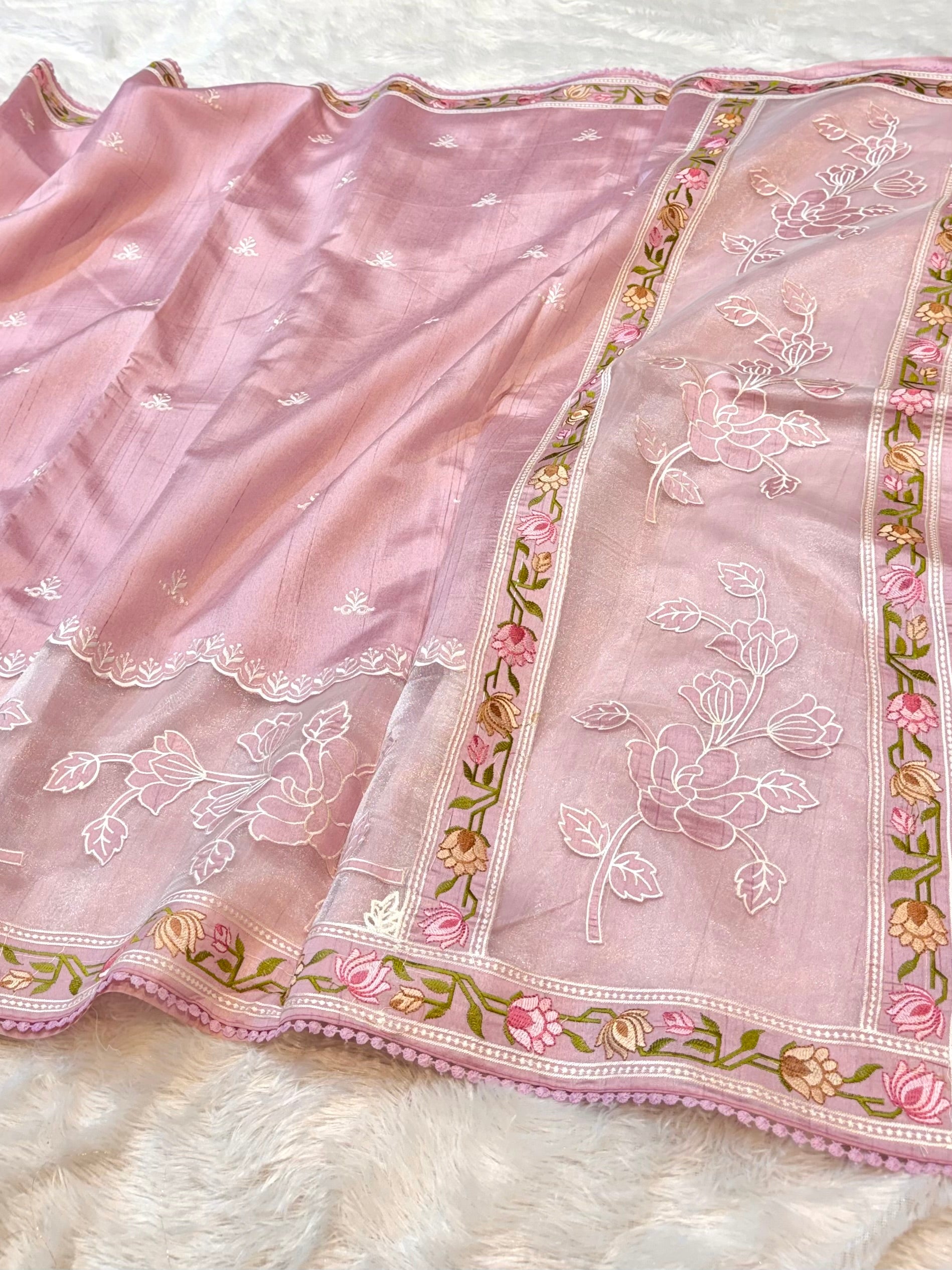Pink Tussar Silk Partywear Banarasi Embroidery with Tissue Applique Lightweight Sarees