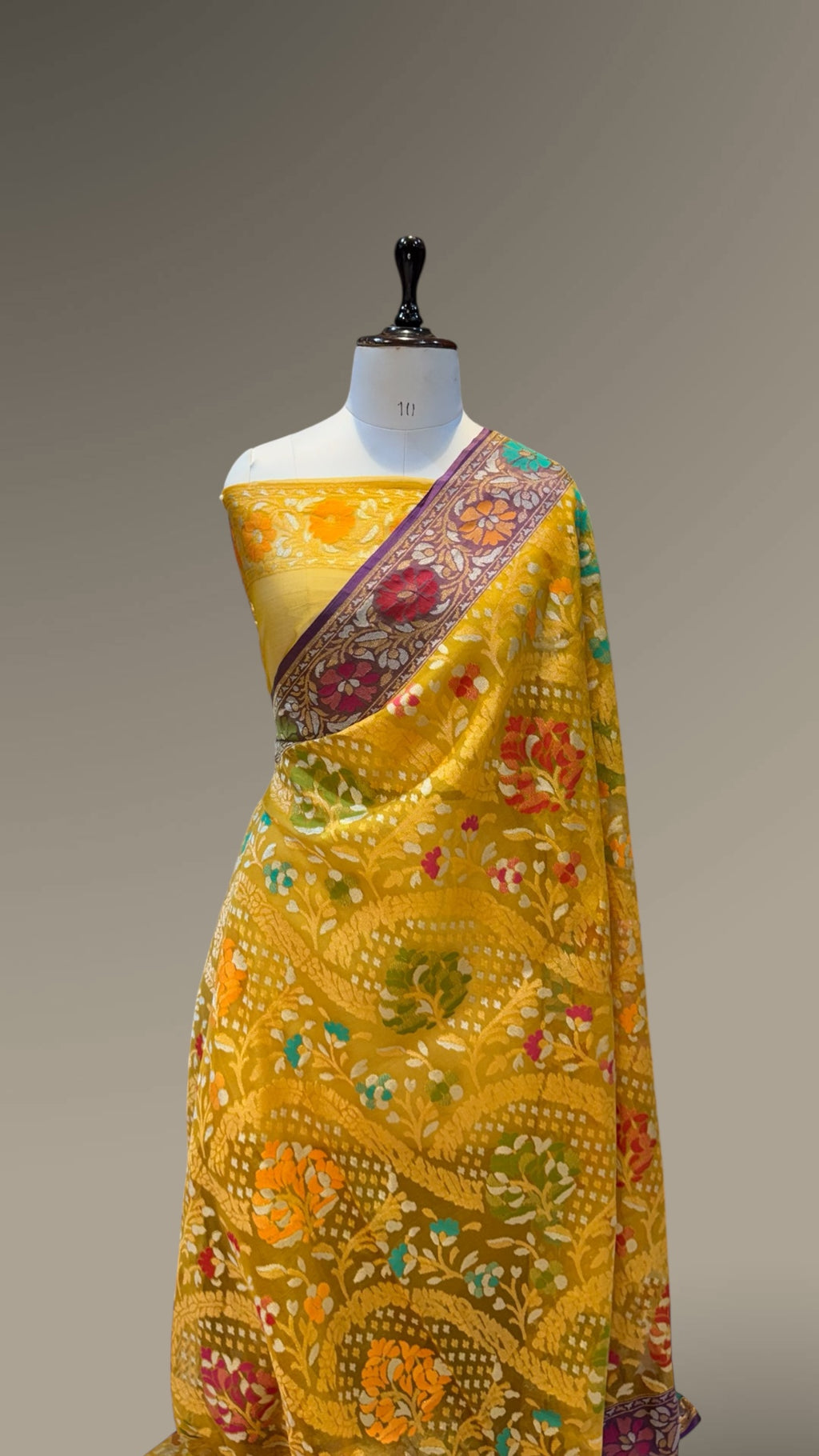 Sunflower Yellow 100% Pure Ektara Banarasi Kora Jamdani Saree