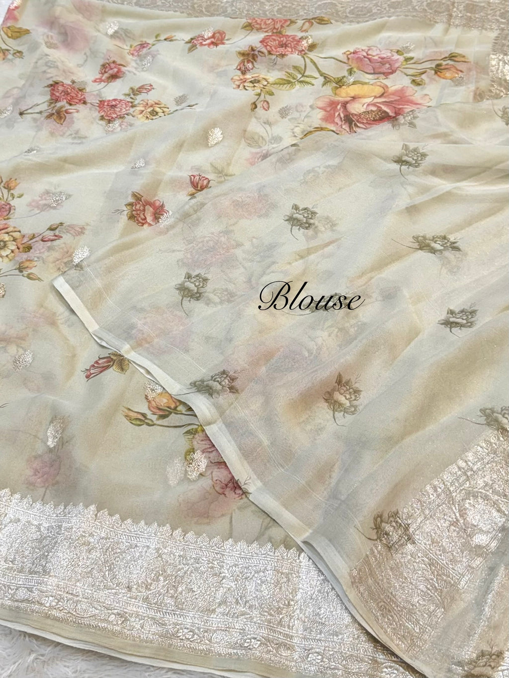 Beige 100% Pure Khaddi Georgette Silver Zari Digital Print Handloom Saree