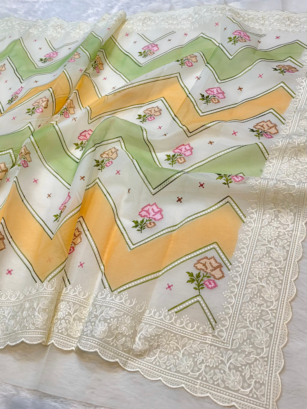 Off White Organza Silk Partywear Banaras Embroidered Lightweight Sarees