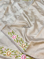 Light Grey Tussar Silk Partywear Banarasi Embroidery with Tissue Applique Lightweight Sarees