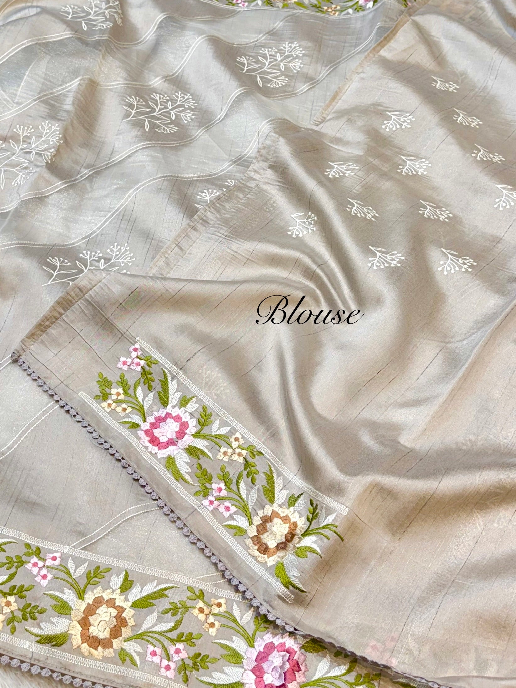 Light Grey Tussar Silk Partywear Banarasi Embroidery with Tissue Applique Lightweight Sarees