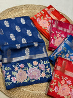 Dark Blue 100% Pure Banarasi Poona Silk Raw Mango Saree