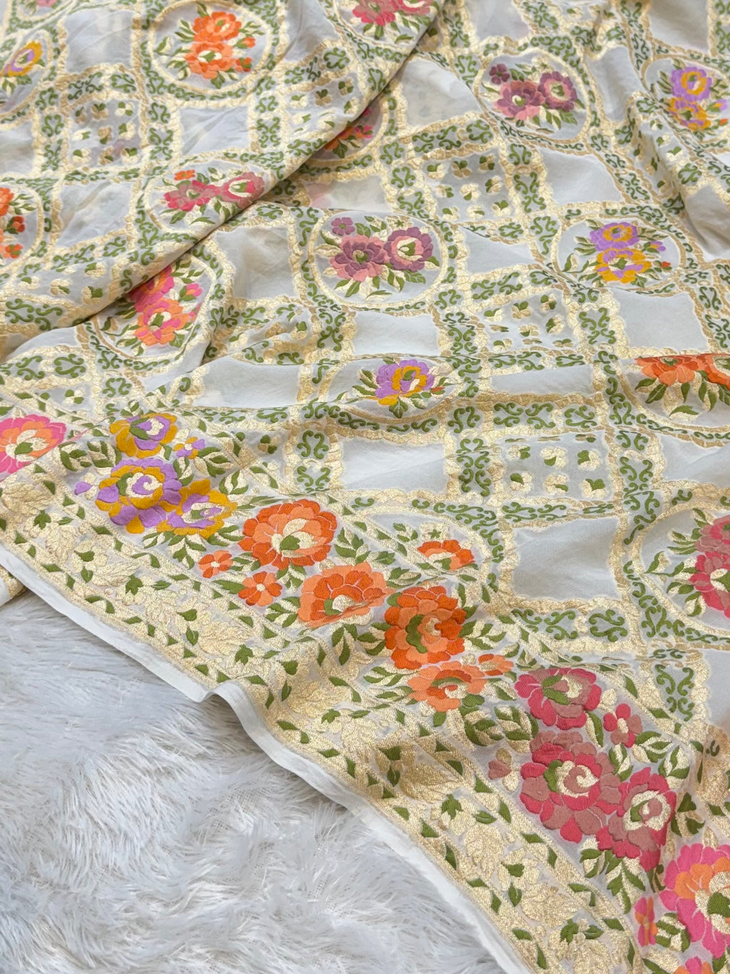 Milky White 100% Pure Banarasi Khaddi Georgette Tilfi Meenakari Saree