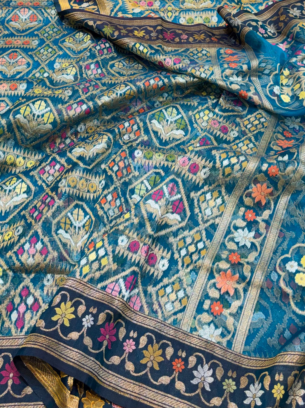 Sapphire Blue Pure Ektara Banarasi Kora Jamdani Saree