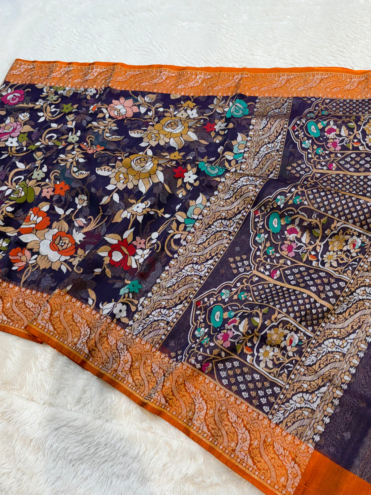 Prebook | Dark Blue Pure Banarasi Ektara Kora Jamdani Saree