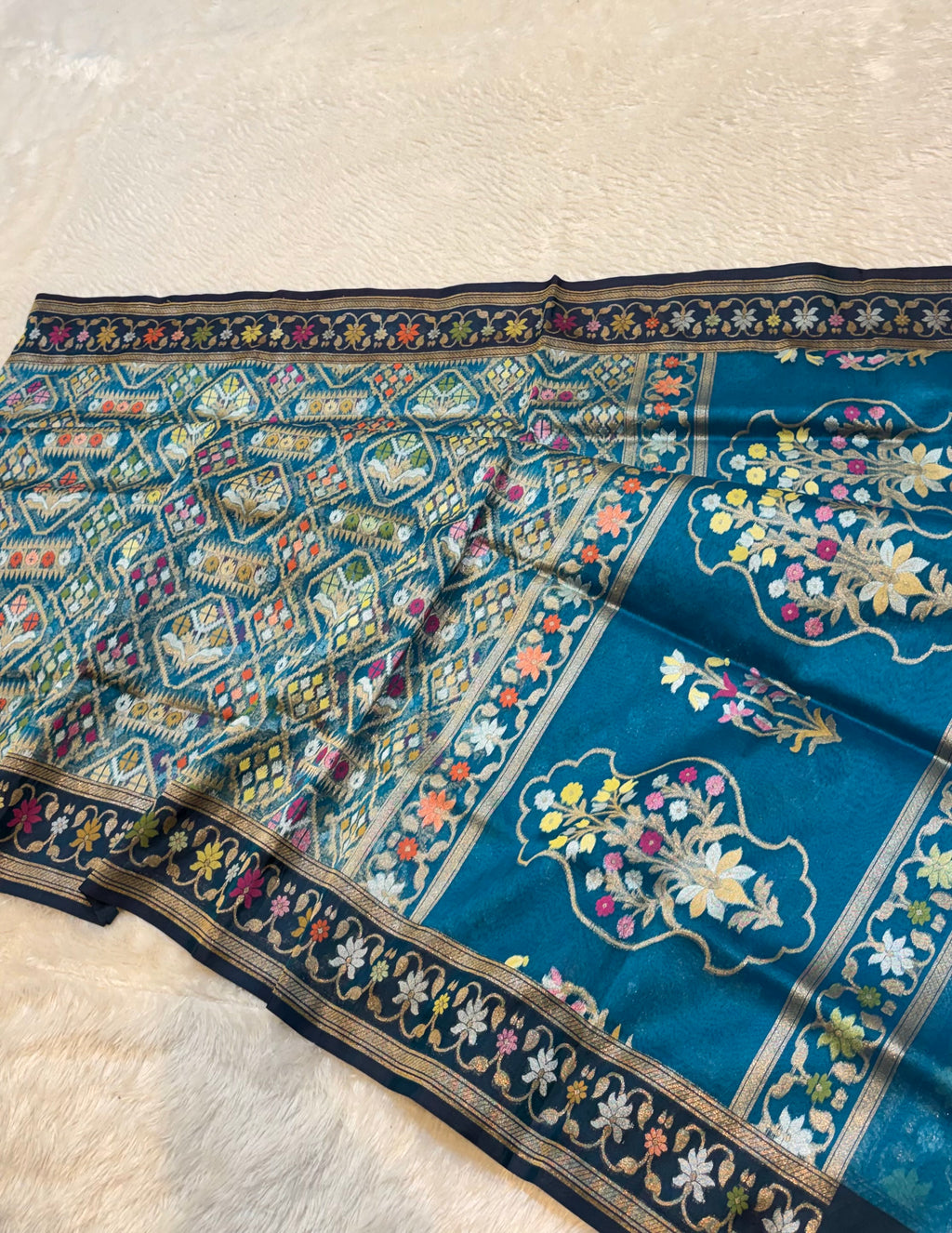 Sapphire Blue Pure Ektara Banarasi Kora Jamdani Saree