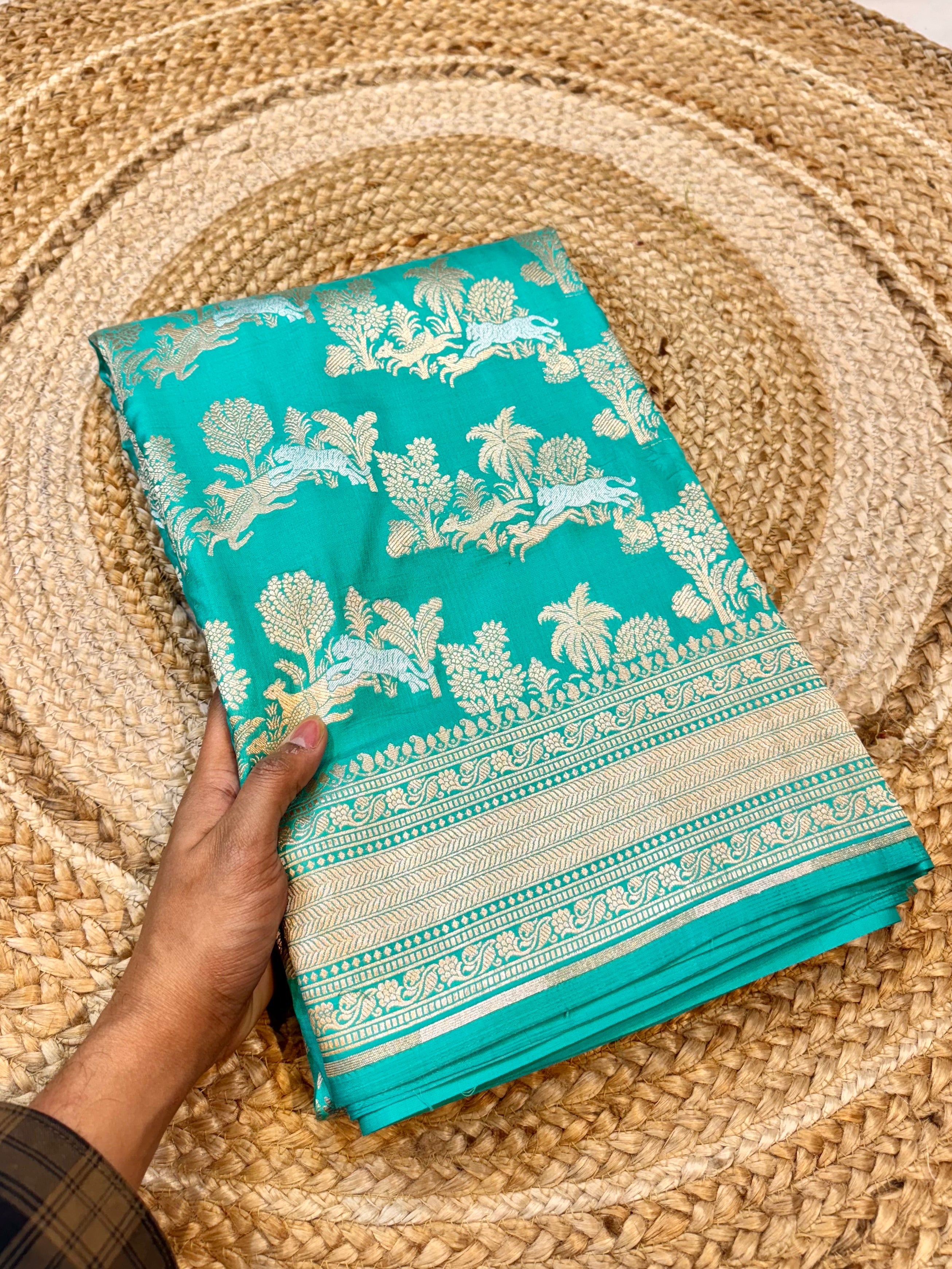 Cyan Blue 100% Pure Banarasi Katan Silk Meenakari Saree