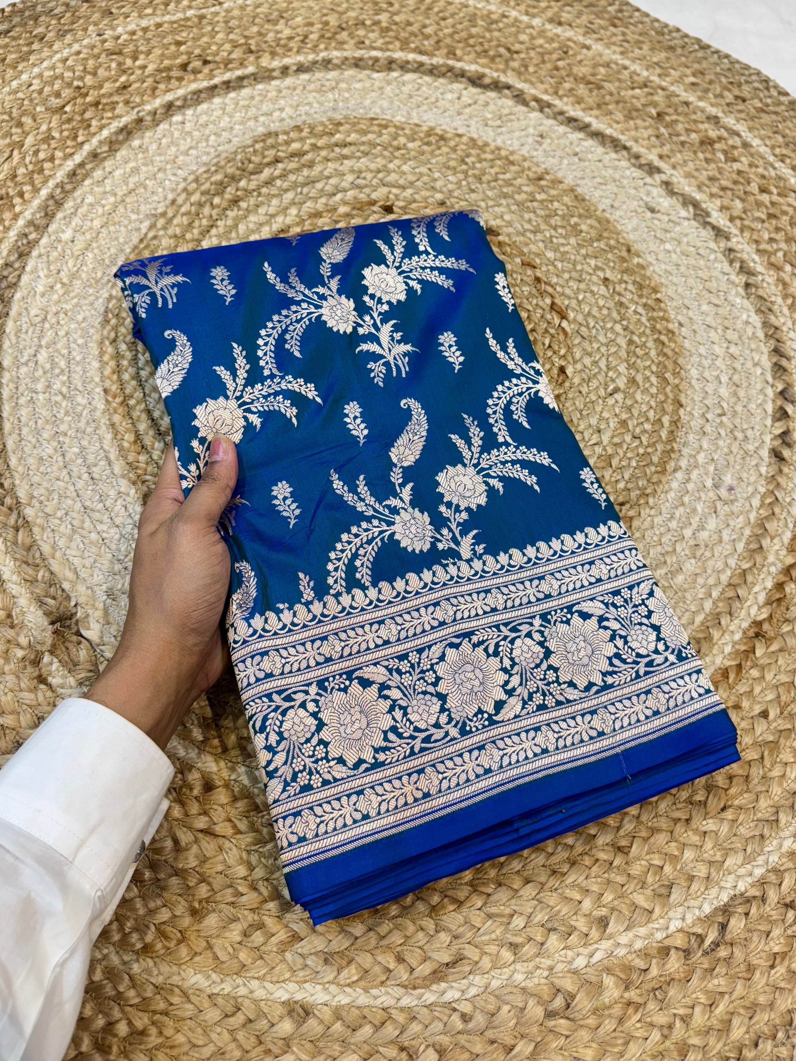Prebook | Dual shade Peacock Blue 100% Pure Banarasi Katan Silk Saree