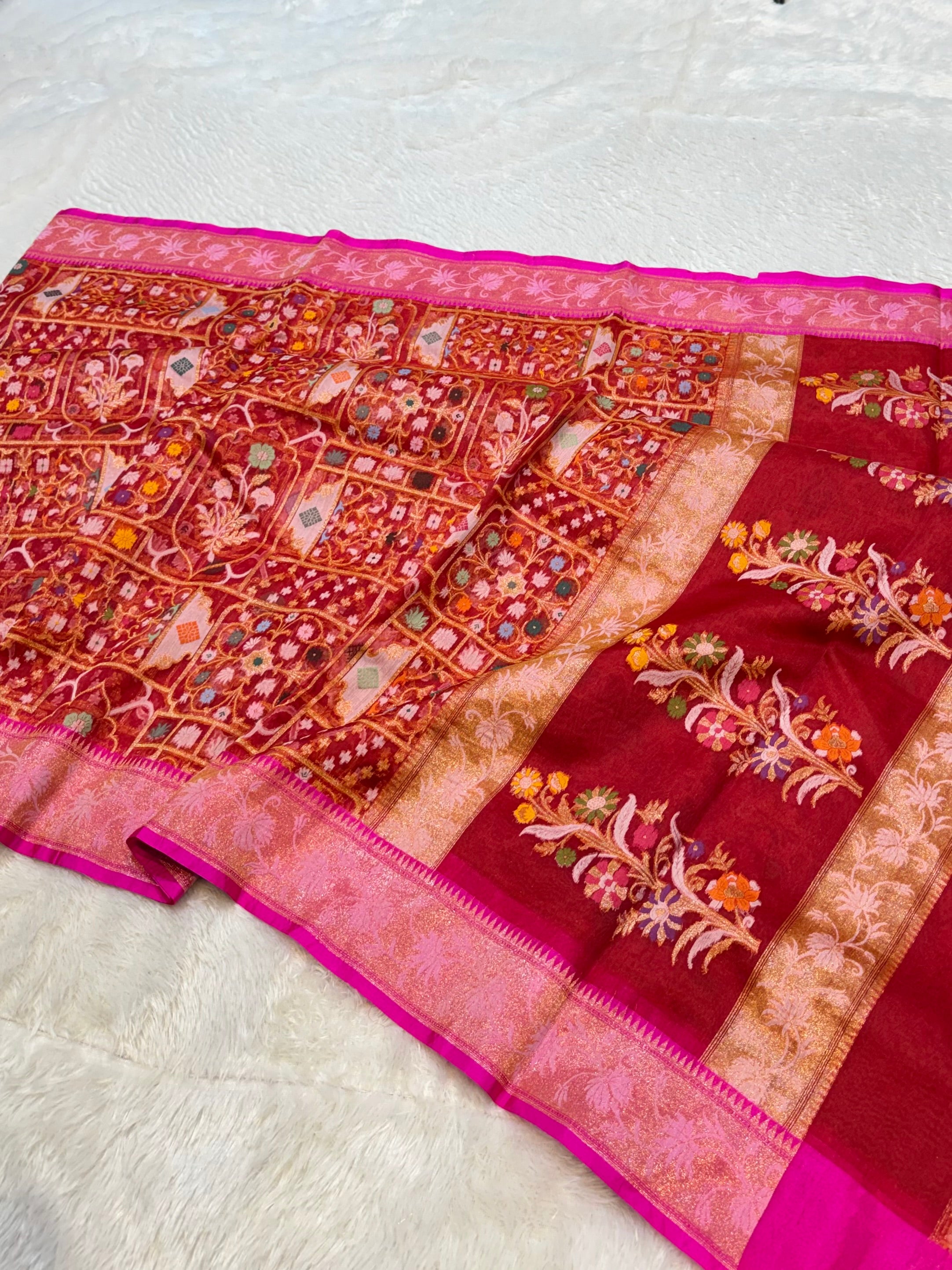 Red 100% Pure Ektara Banarasi Kora Jamdani Saree